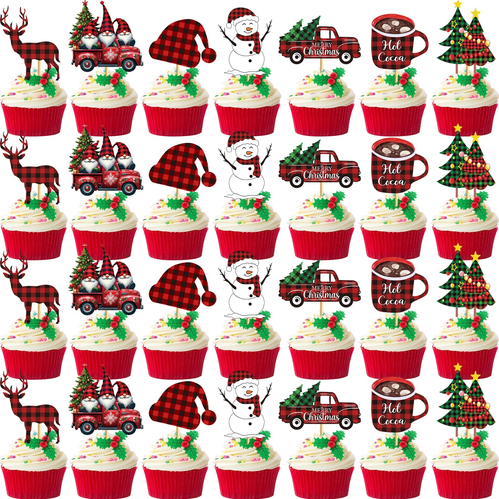 28Pcs Christmas Cupcake Toppers - Buffalo Plaid Holiday Party Decorations for Christmas, Birthday & Winter Celebrations | Perfect for Cupcakes, Cakes, Desserts & Festive Table Settings