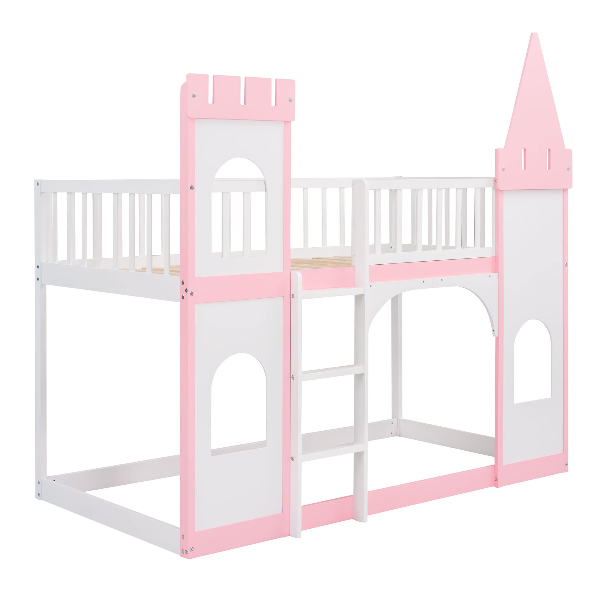 MERITLINE Twin Over Twin Wooden Castle Loft Bunk Bed with Safety Rail & Ladder - Kids Low Bunk Bed Frame for Boys & Girls - Perfect for Bedroom, Dorm, Playroom & Sleepovers (Pink)
