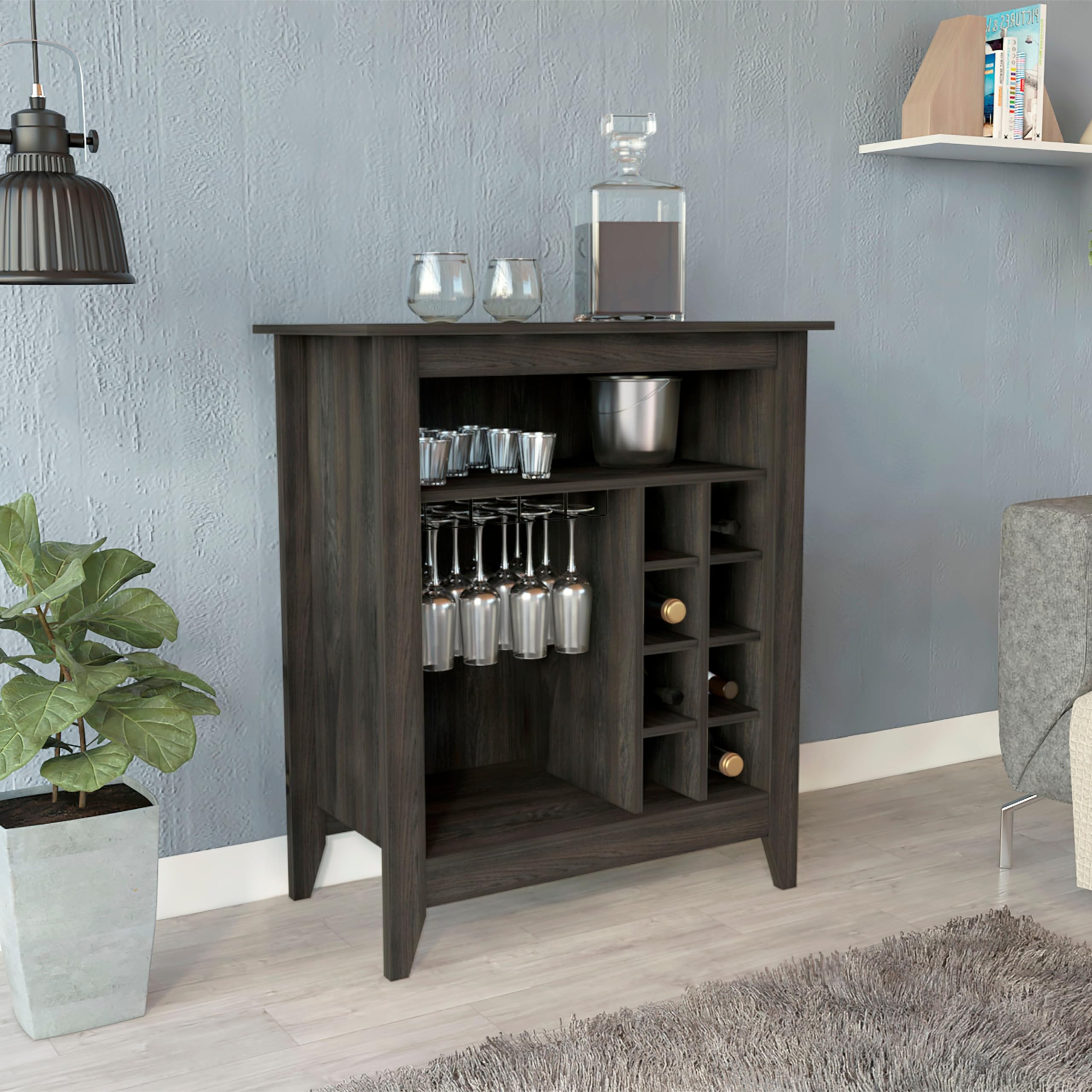 Tuhome Essential Bar Cabinet with Open Shelf, 6-Bottle Built-in Wine Rack & Drawer - Espresso Finish | Perfect for Home Bar, Dining Room & Entertaining Spaces