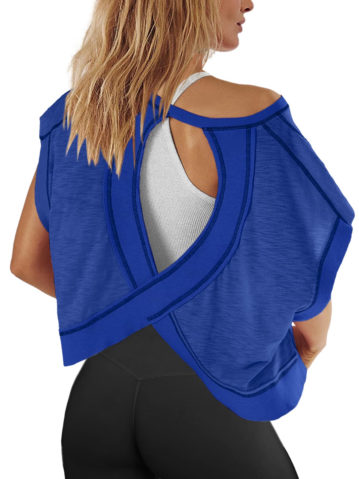 Panadila Women's Open Back Workout Top - Oversized Athletic T-Shirt, Backless Yoga Shirt, Short Sleeve Baby Tee for Gym, Running & Casual Wear