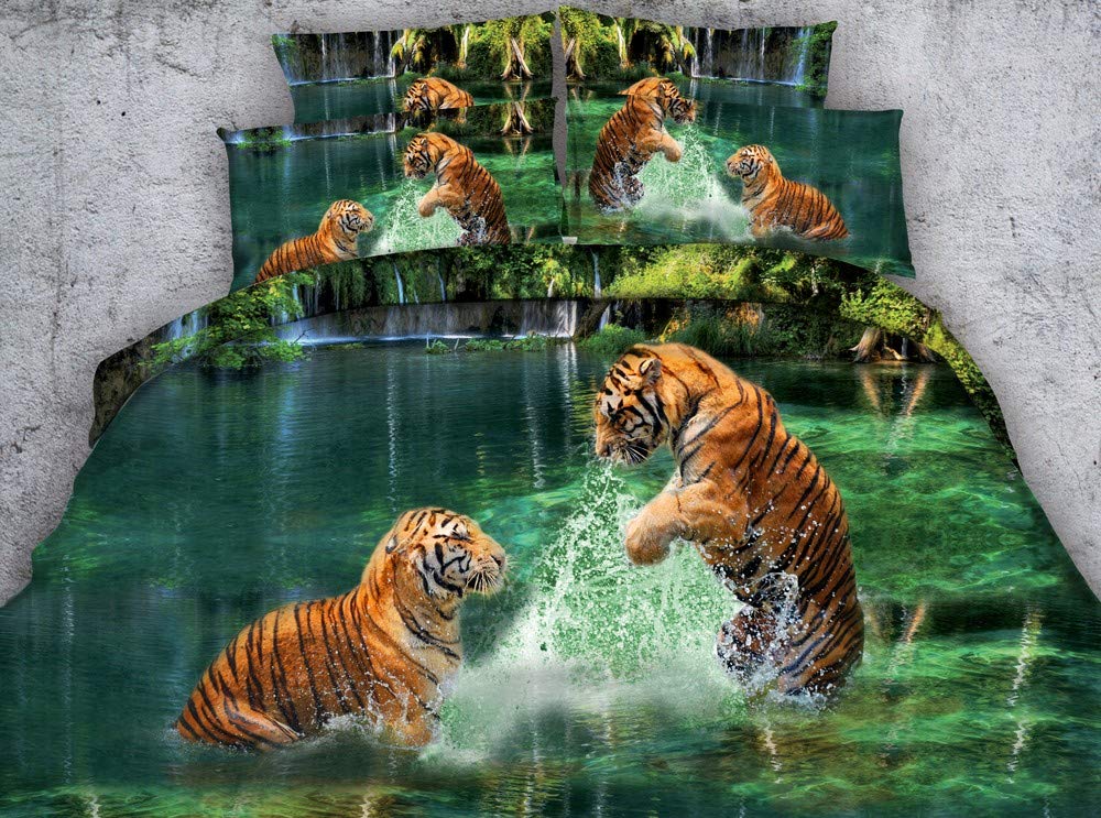 3D Water Tiger Print Bedding Set - King/Queen/Twin Size Duvet Cover, Quilt & Bed Sheets (4PCS) | Jungle Animal Theme for Kids & Adults | Perfect for Bedroom Decor, Gifts & Themed Parties