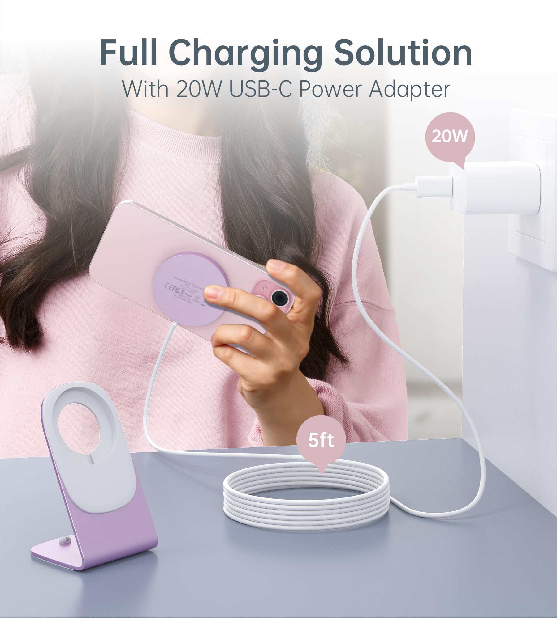Magnetic Wireless Charger for iPhone 15/14/13/12 Pro Max Plus Mini - 20W Fast Mag-Safe Charging Stand/Pad with 5ft USB-C Cable & Adapter | Portable Charging Station for Home, Office, Car & Travel (Pink)