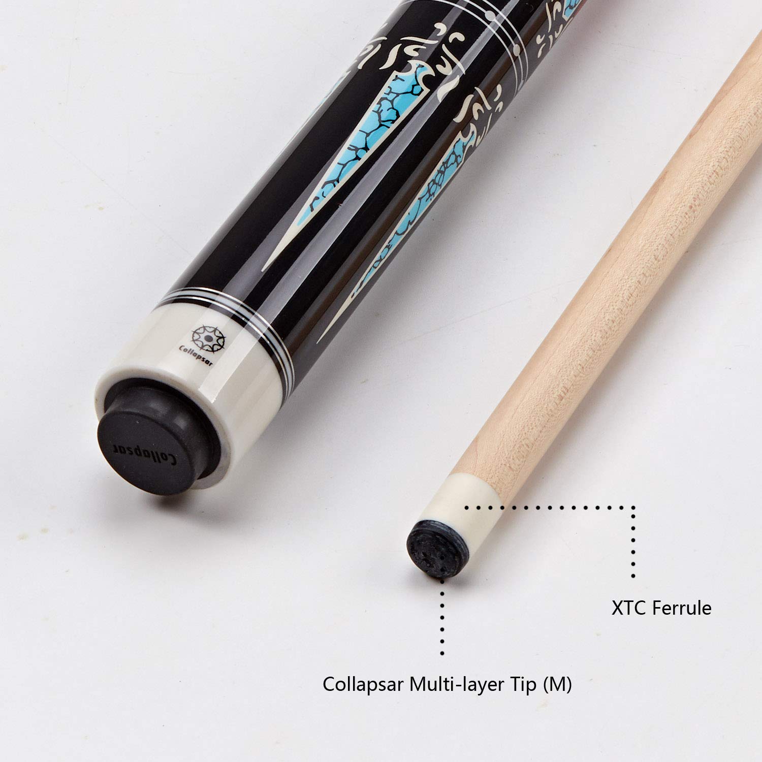 **Collapsar CXT 58-Inch Professional Pool Cue Stick - Black with Cream Points & Turquoise, Wrapless Handle | Includes Soft Case | Perfect for Billiards, Pool Halls & Home Game Rooms**