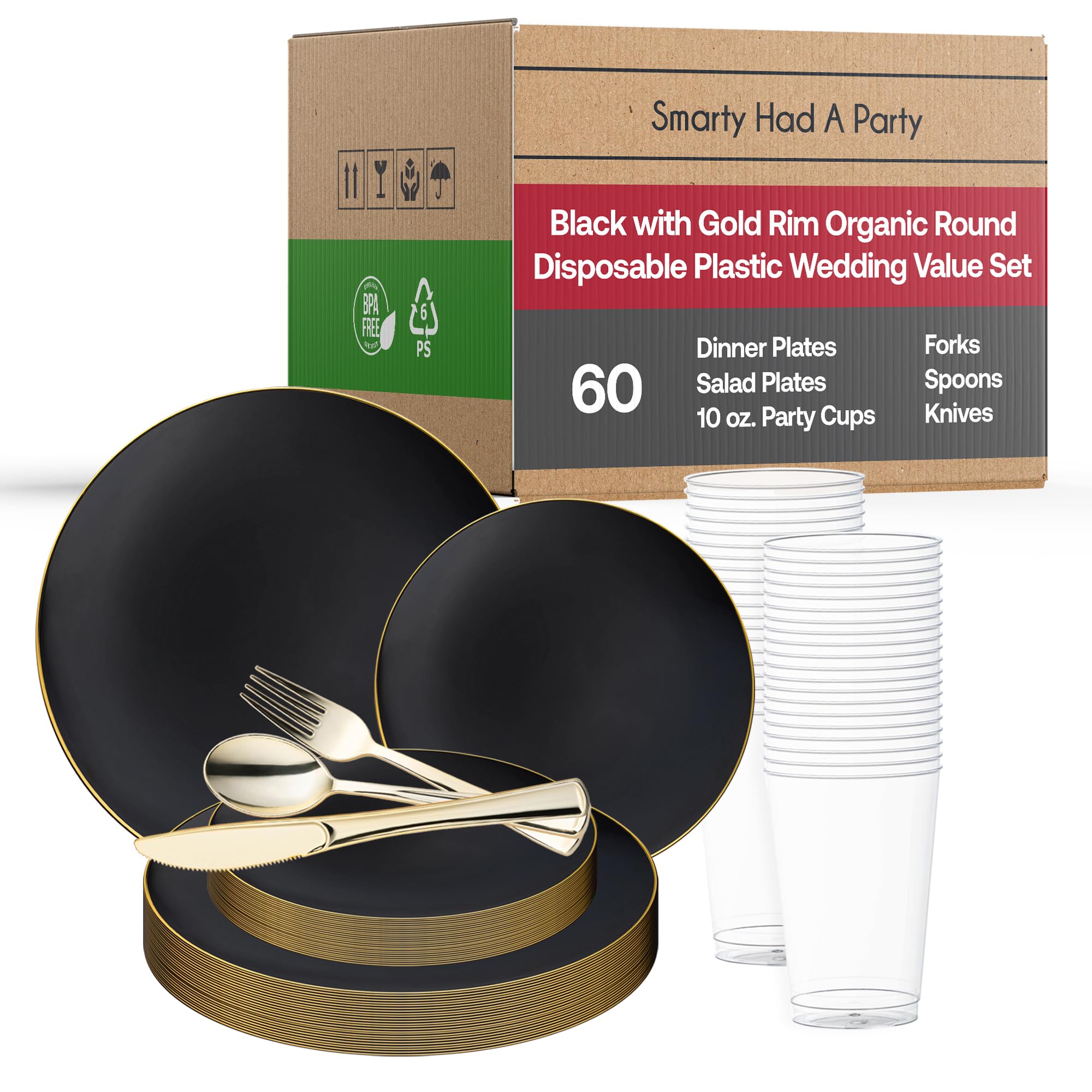 Eco-Friendly Disposable Plastic Plates with Elegant Rim Design - Bulk Round Dinnerware for Wedding, Birthday Party & Special Events (Black & Gold, 60-Piece Wedding Set) - Perfect for Catering, Outdoor Events & Large Gatherings