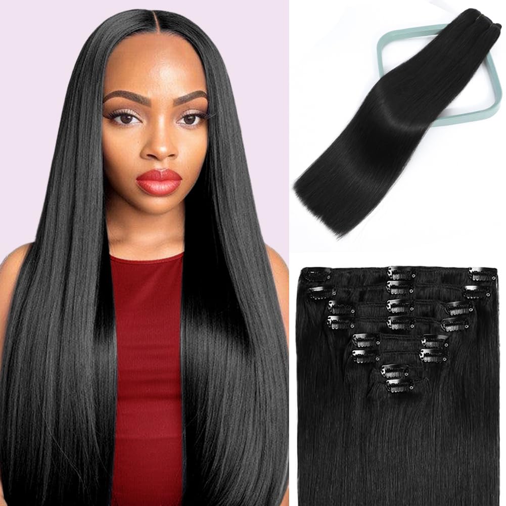 Clip in Hair Extensions 20 Inch - 8pcs Double Weft Brazilian Remy Human Hair (Jet Black) | 100% Real Human Hair for Straight & Natural Look | Perfect for Daily Wear, Parties, Weddings & Special Occasions