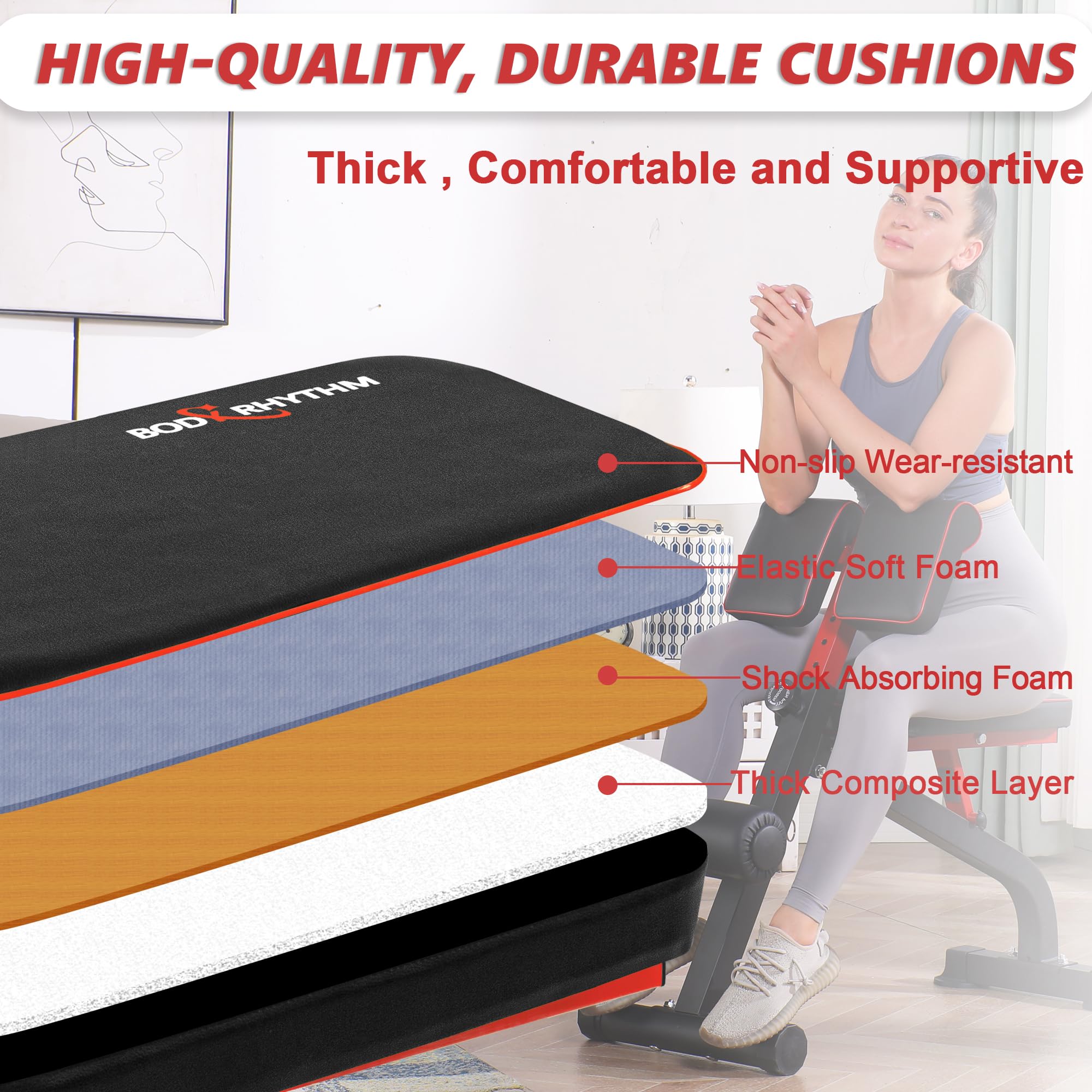 BODYRHYTHM Adjustable Weight Bench - Multi-Functional Home Gym Equipment for Strength Training, Ab Workouts & Back Exercises | Foldable Design for Small Spaces | Perfect for Full Body Workouts, Sit-Ups & Hyperextensions