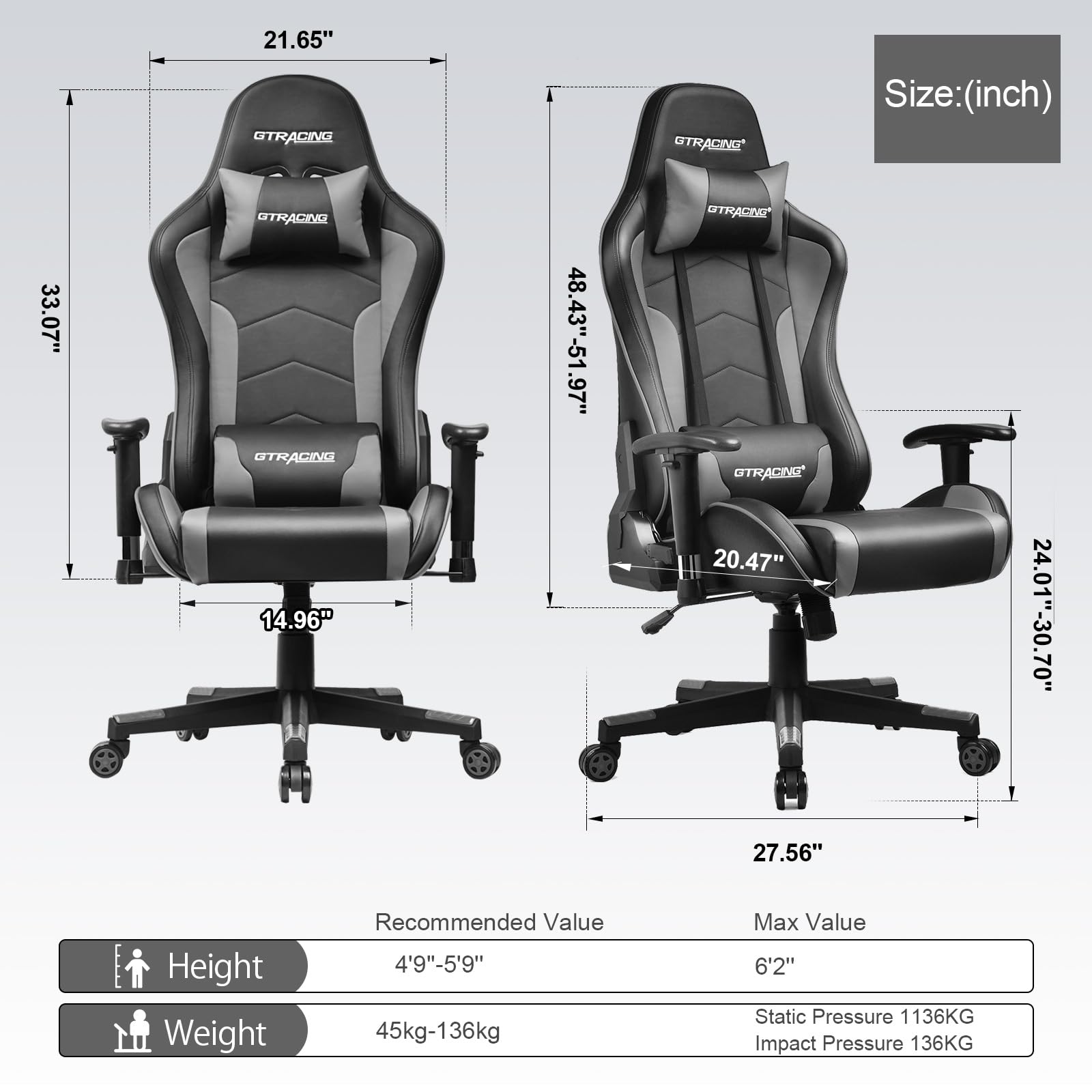 GTRACING Ergonomic Gaming Chair with Bluetooth Speakers - Heavy Duty Office Computer Desk Chair for Video Games & Music (Grey) - Perfect for Esports, Streaming & Home Office Setup