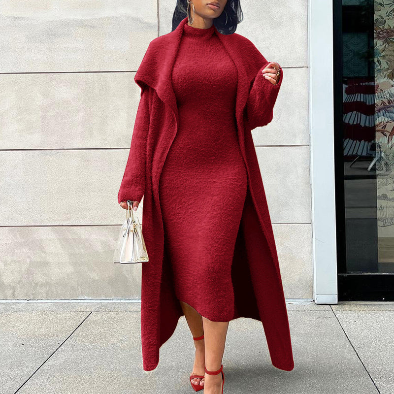 Reversible Fleece Dress Cardigan Set with Belt - Cozy Winter Outfit for Women | Perfect for Casual Wear, Office & Date Nights