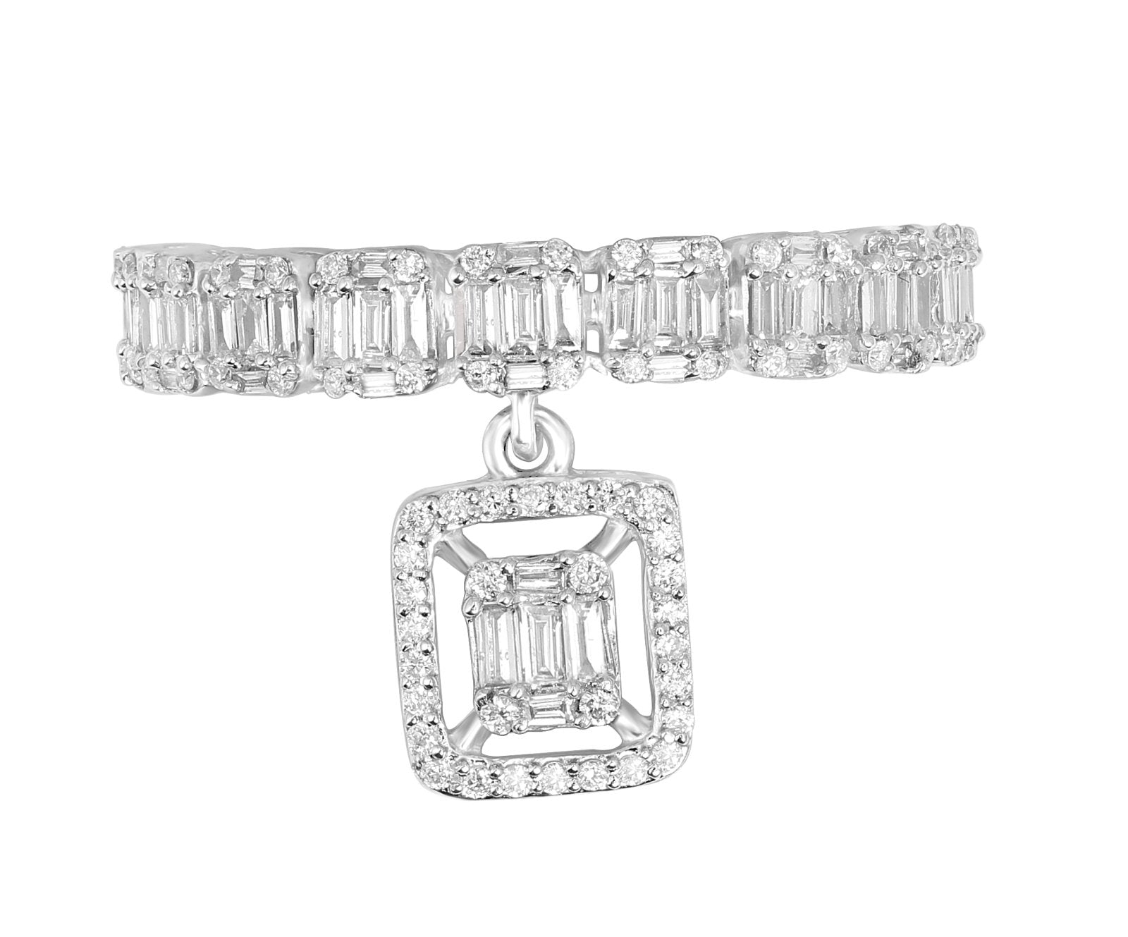 18K White Gold Baguette Diamond Eternity Band with Diamond Drop Charm - Elegant Wedding Ring & Anniversary Gift for Women