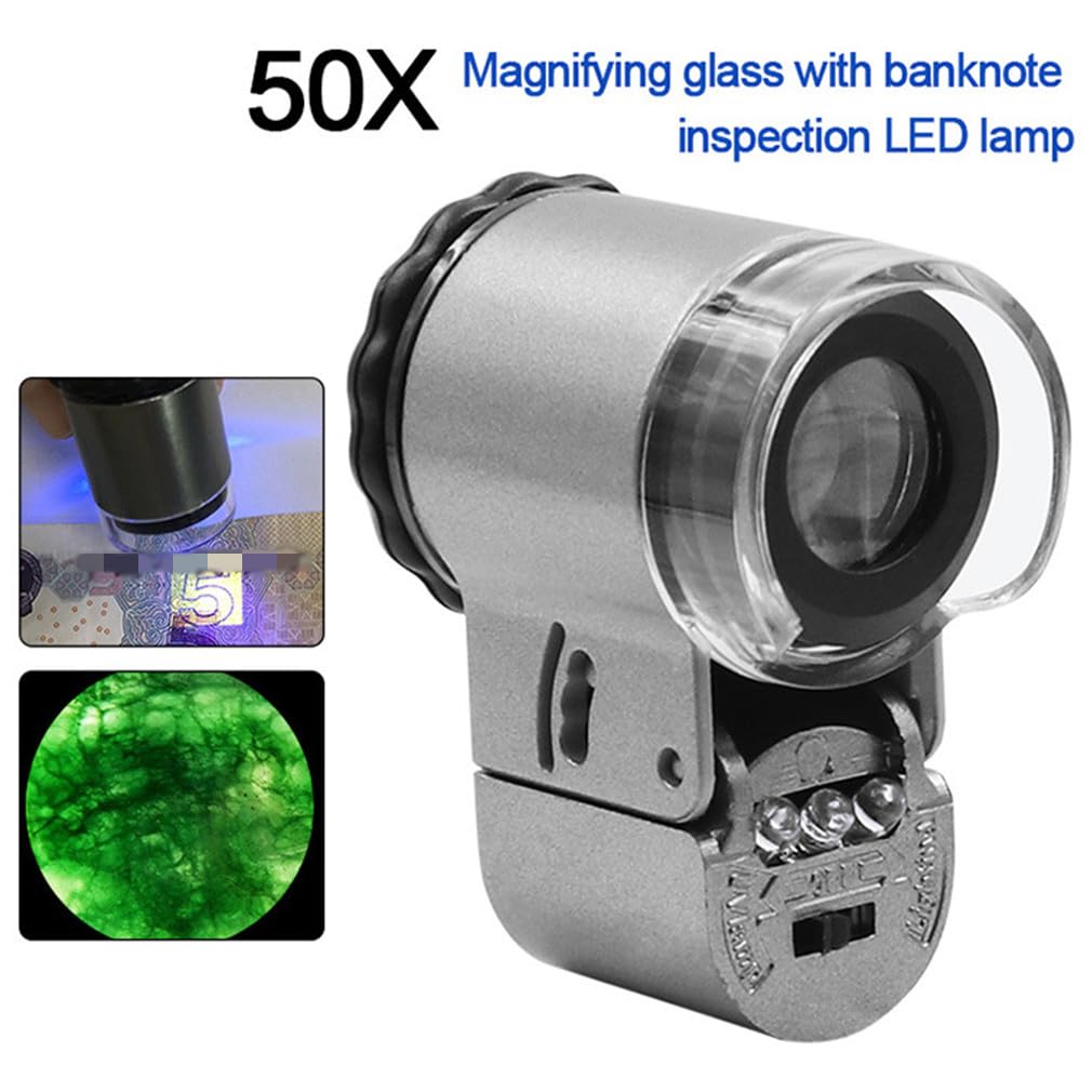 50X Pocket Jewelry Loupe with UV LED Light - Mini Magnifier for Jewelry, Diamonds, Stamps & Coin Collection - Portable Handheld Magnifying Glass for Gemologists, Hobbyists & Professionals - Perfect for Jewelry Appraisal, Stamp Verification & Coin Grading