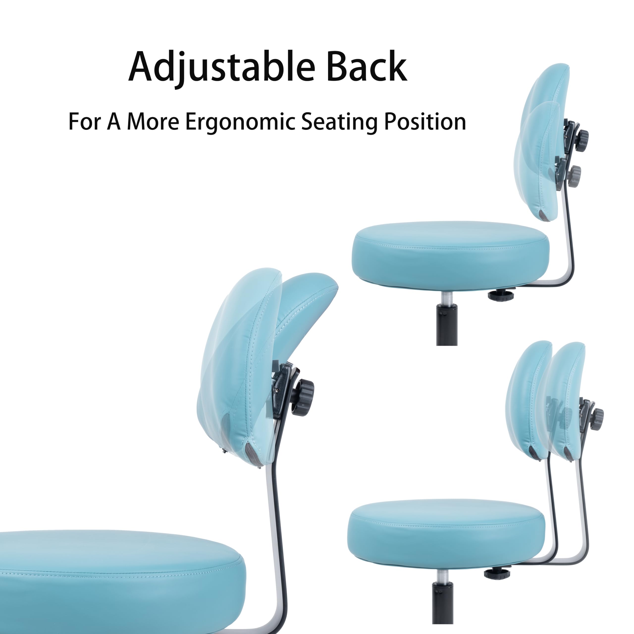 TAKE UR SEAT® Adjustable Height Medical Spa Stool with Ergonomic Back Support - Easy Clean Fabric Seat & Smooth Blade Wheels - Perfect for Dental Offices, Tattoo Studios & Salon Workstations (Blue, Tall Bench Height)
