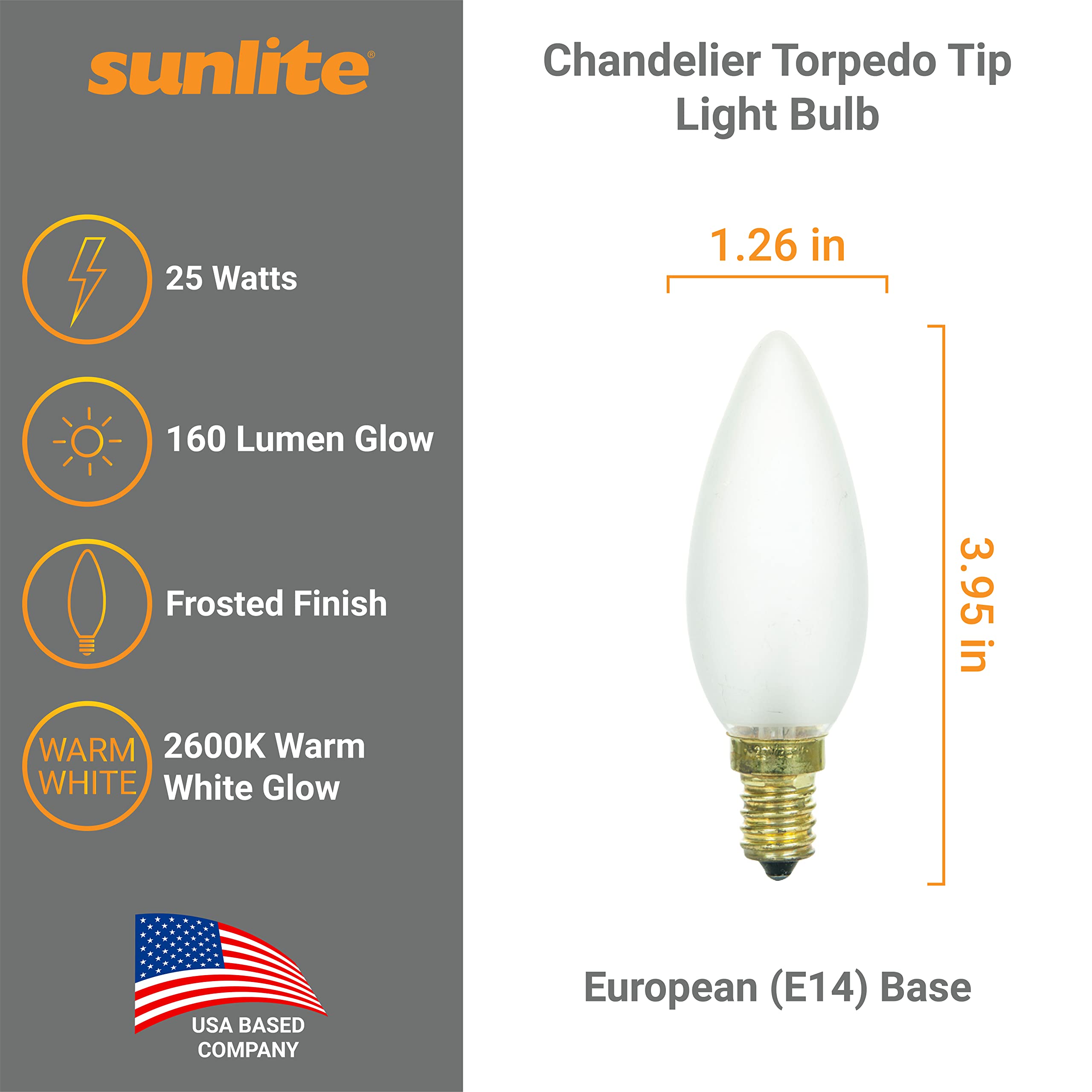Sunlite 40093 25W Frosted Chandelier Bulb (E14 Base) - 160 Lumens, Dimmable Incandescent Light Bulbs for Chandeliers, Ceiling Fixtures & Table Lamps - 12-Pack for Home, Restaurant & Hotel Lighting