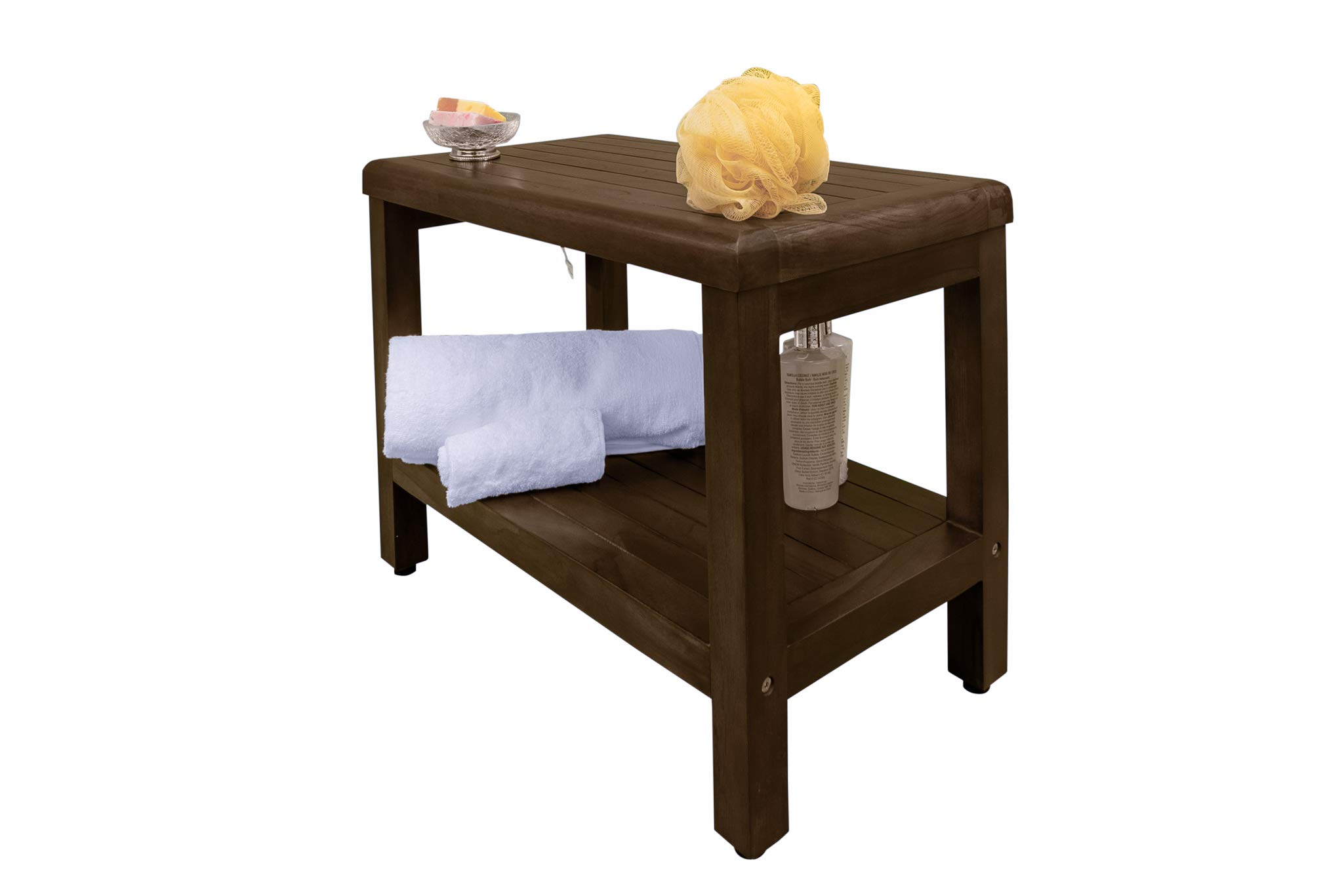DecoTeak Eleganto 24 Inch Waterproof Teak Wood Shower Bench with Storage Shelf - Non-Slip Bath Seat for Elderly & Disabled - Spa & Bathroom Organizer for Shampoo, Soap & Accessories - Ideal for Wet Rooms & Steam Showers