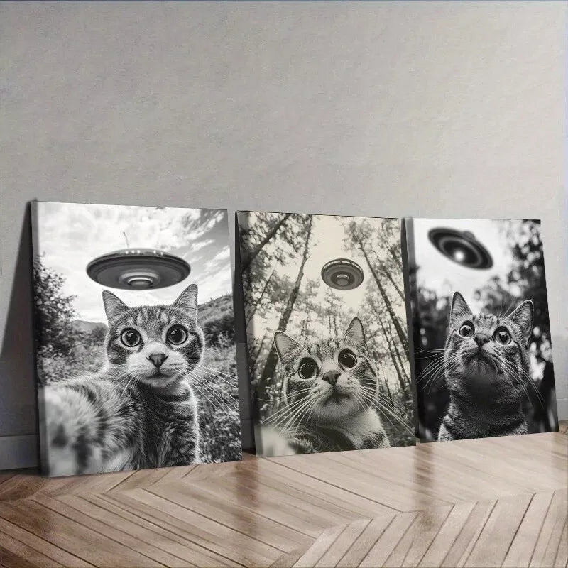 3-Piece UFO Cat Selfie Wall Art Set - Framed Canvas Prints 50x70cm | High-Quality Australian Made | Perfect for Living Room, Bedroom & Office Decor