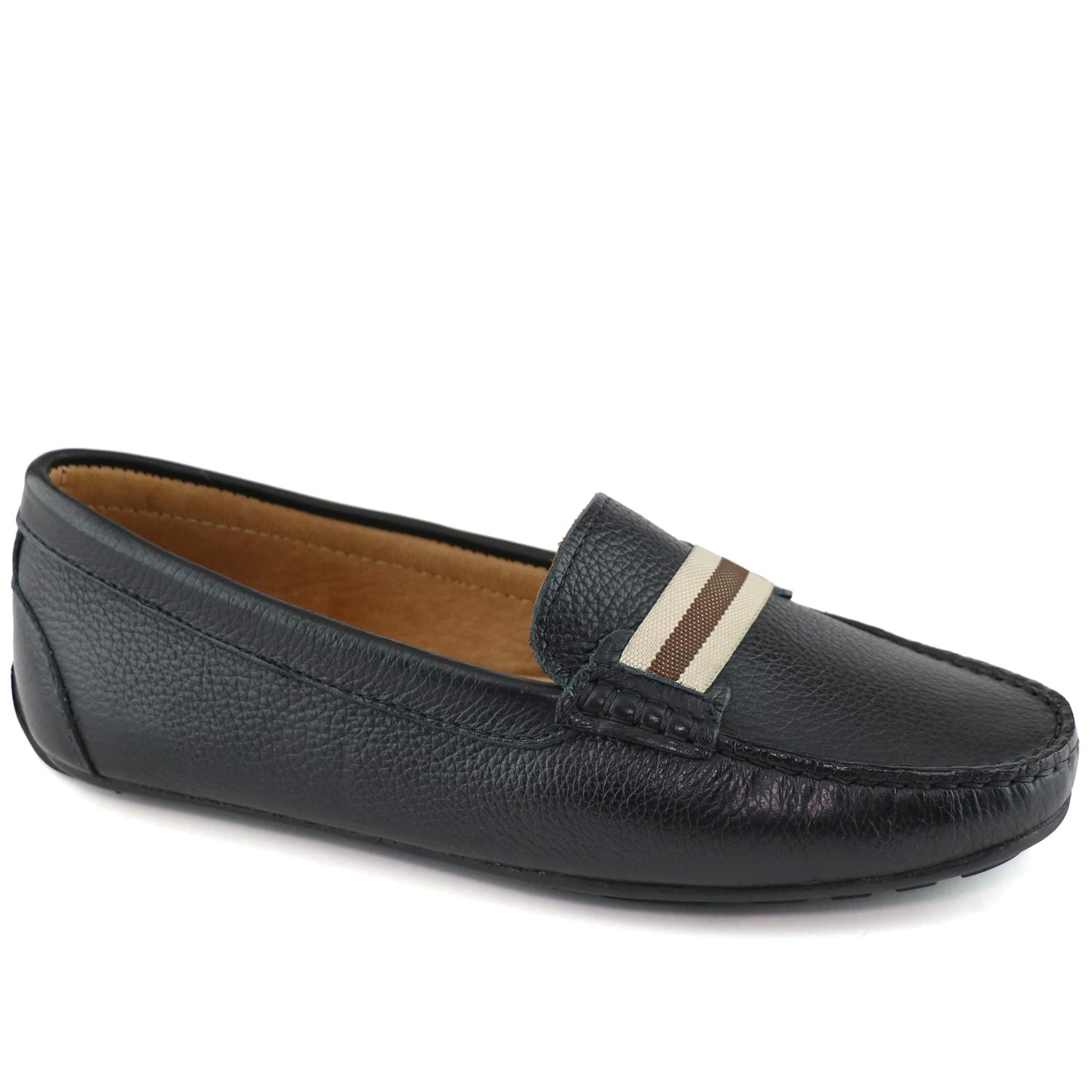 MJNY Women's Genuine Leather Driving Moccasins - Comfortable Lightweight Slip-On Loafers with Web Strap, Classic Fashion Flat Shoes for Casual Wear, Work & Travel