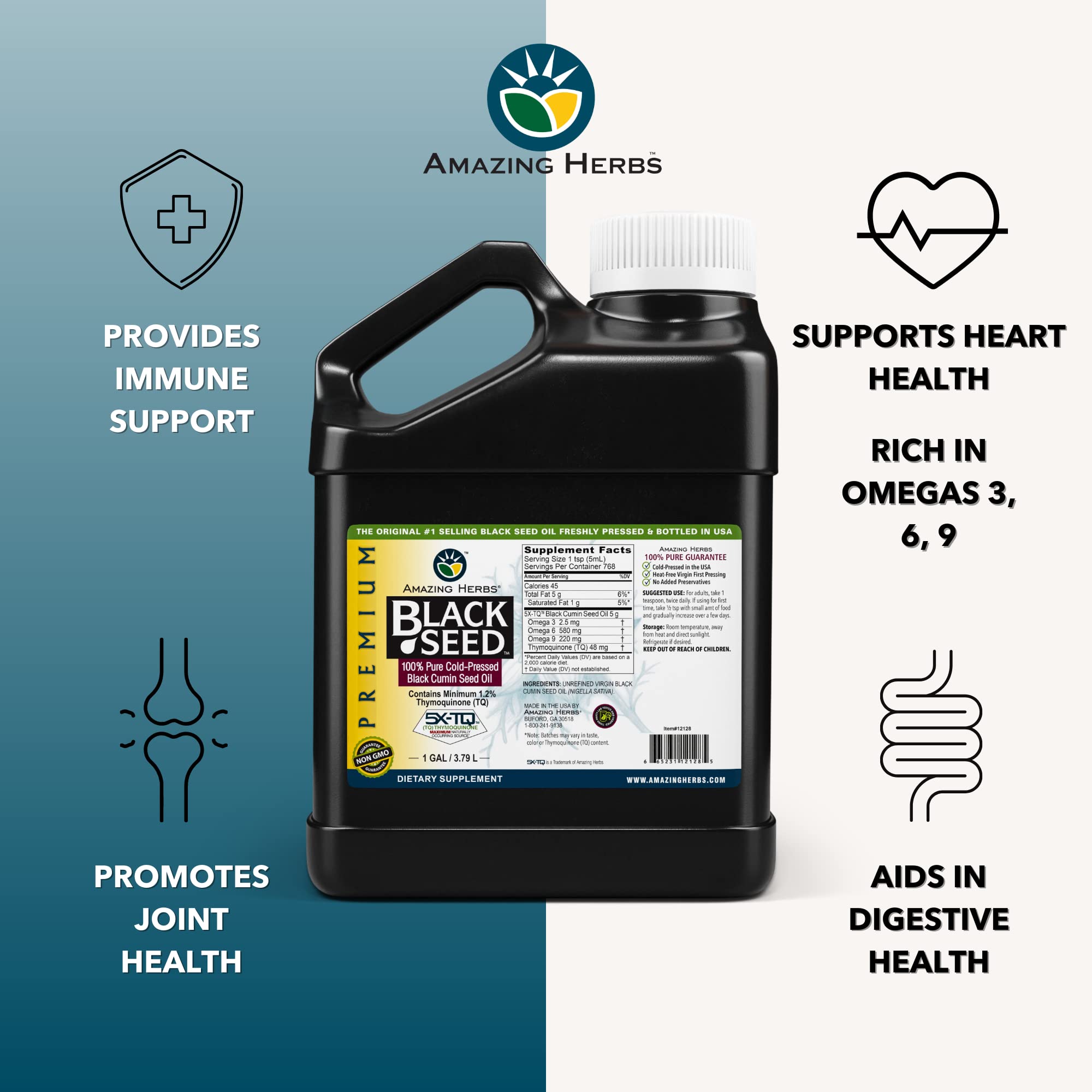 Premium Black Seed Oil - Cold Pressed Nigella Sativa for Digestive Health, Immune Support & Brain Function - Gluten Free, Non-GMO - 128 Fl Oz - Ideal for Daily Wellness, Cooking & Natural Remedies