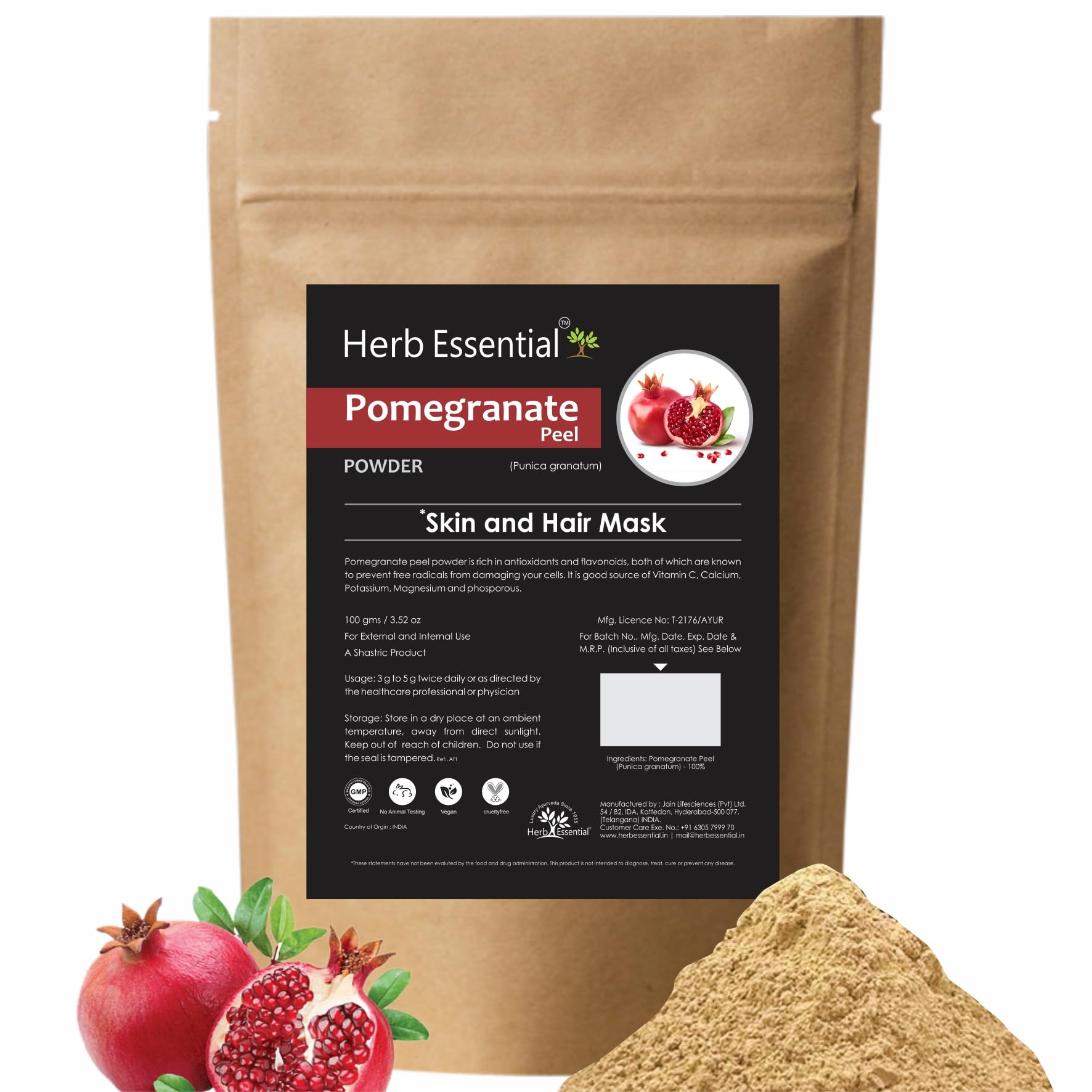 Organic Pomegranate Peel Powder (Punica Granatum) 100g - Pack of 2 | Natural Skin & Hair Care, DIY Face Masks, Herbal Remedies, Vegan Beauty Products