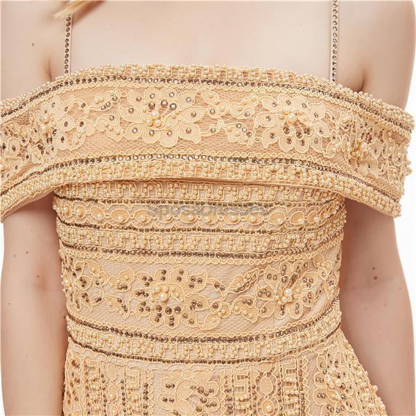 Elegant Off Shoulder Gold Lace Prom Dress with Spaghetti Straps - Perfect for Evening Parties, Prom Nights & Formal Events | Style 12056