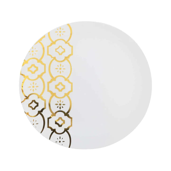 Elegant Gold and White Round Plastic Plates - Moroccan Style Party Dinnerware for Weddings, Events & Home Decor