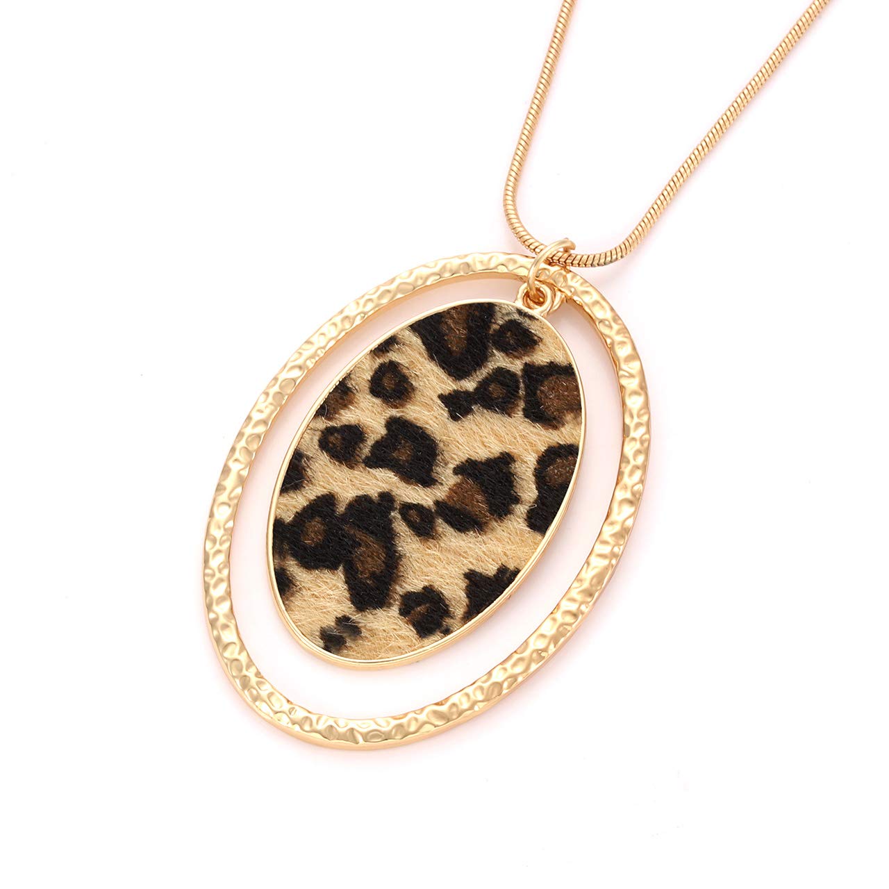 Women's Long Leopard Print Necklace - Gold Chain with Cheetah Pendant - Stylish Animal Print Leather Necklace for Casual Wear, Date Night & Boho Fashion