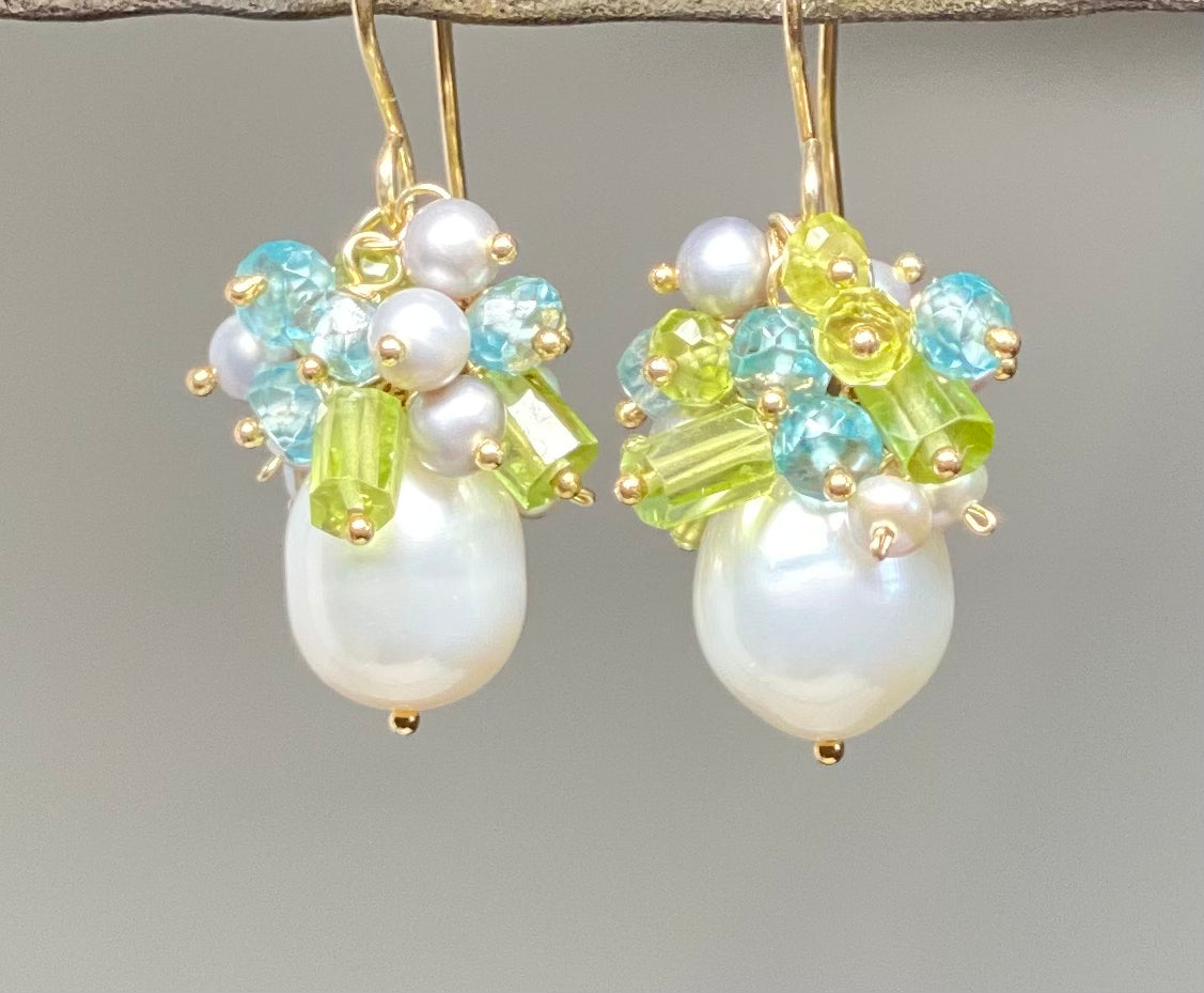 Peridot Pearl Cluster Earrings with Blue Zircon - Elegant Dangle Earrings for Women, Perfect for Weddings, Parties & Special Occasions