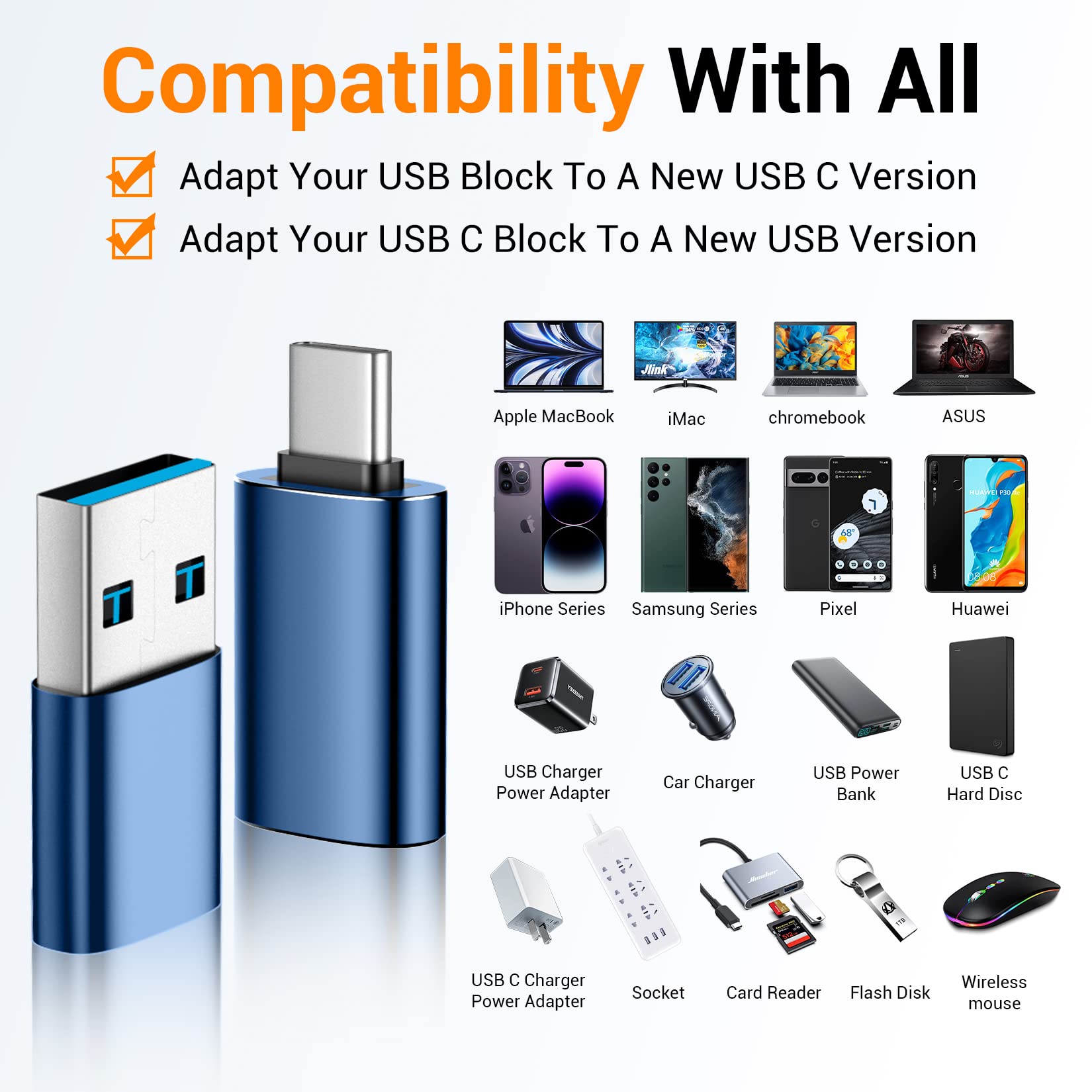 USB C to USB 3.0 Adapter, USB Type C Male to USB A Female OTG Converter for iPhone 16/15/14/13 Pro Max, Samsung Galaxy S24 Ultra, Apple Watch, AirPods - Blue & Black - Perfect for Charging, Data Transfer & Connecting Devices