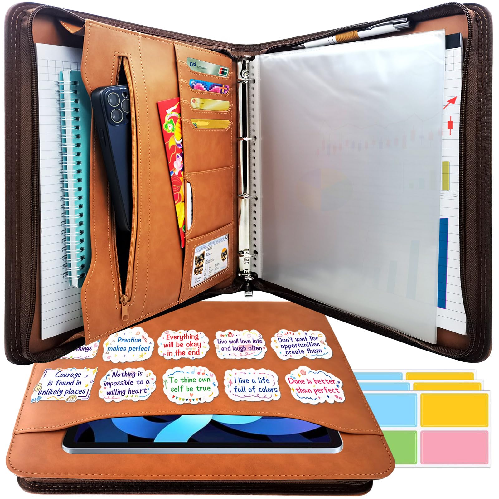 Premium PU Leather Zipper Portfolio Organizer - Professional Business Document Holder with 4-Ring Binder, Exterior Pocket & Card Slots - Perfect for Resumes, Passports, Tickets & Office Essentials (Brown) - Ideal for Business Meetings, Job Interviews & Travel Organization