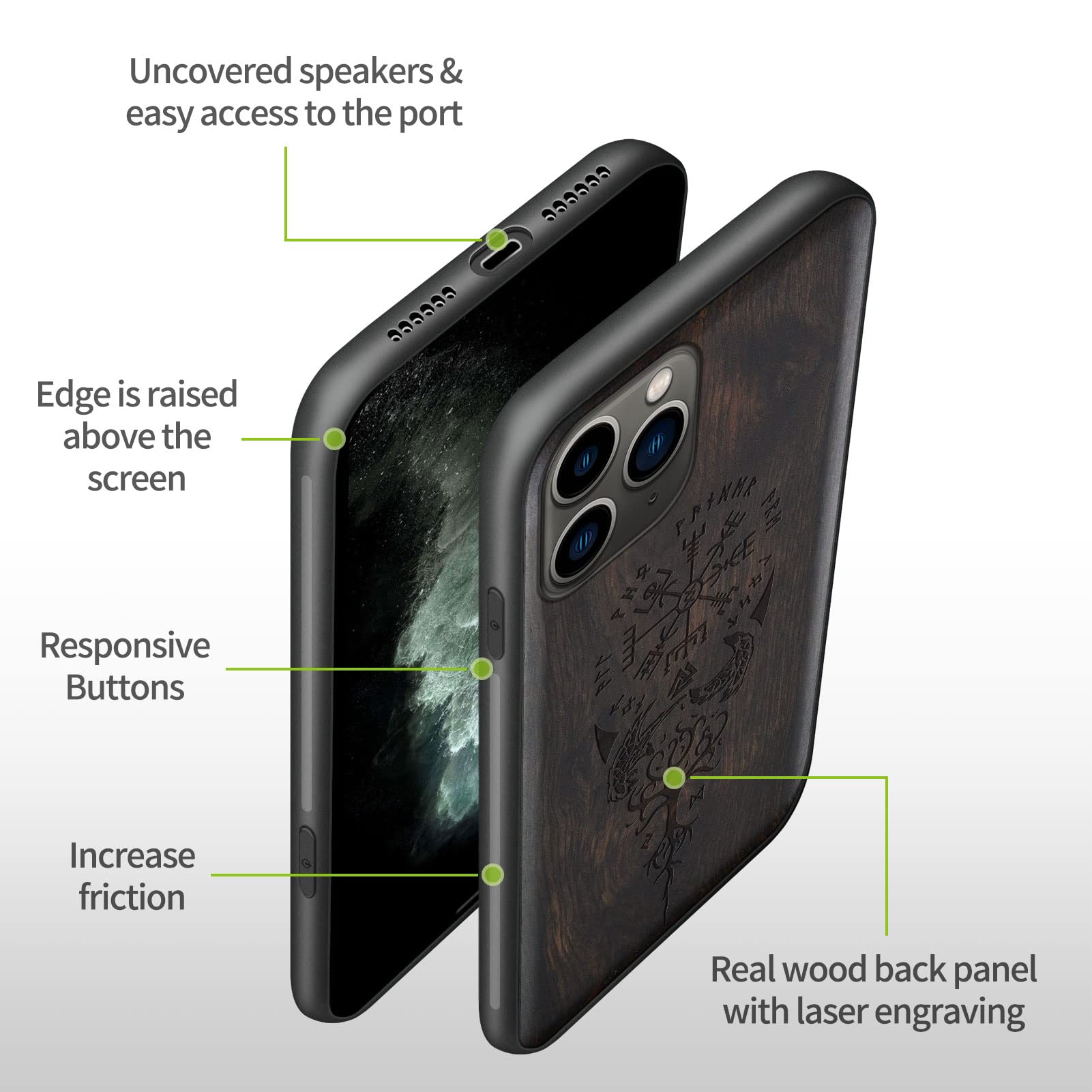 Carveit Real Wood iPhone 11 Pro Case - Hard Wood & Soft TPU Shockproof Protective Cover - Viking Compass Vegvisir Design (Blackwood) - Durable & Stylish Wooden Phone Cover for Everyday Use & Outdoor Activities