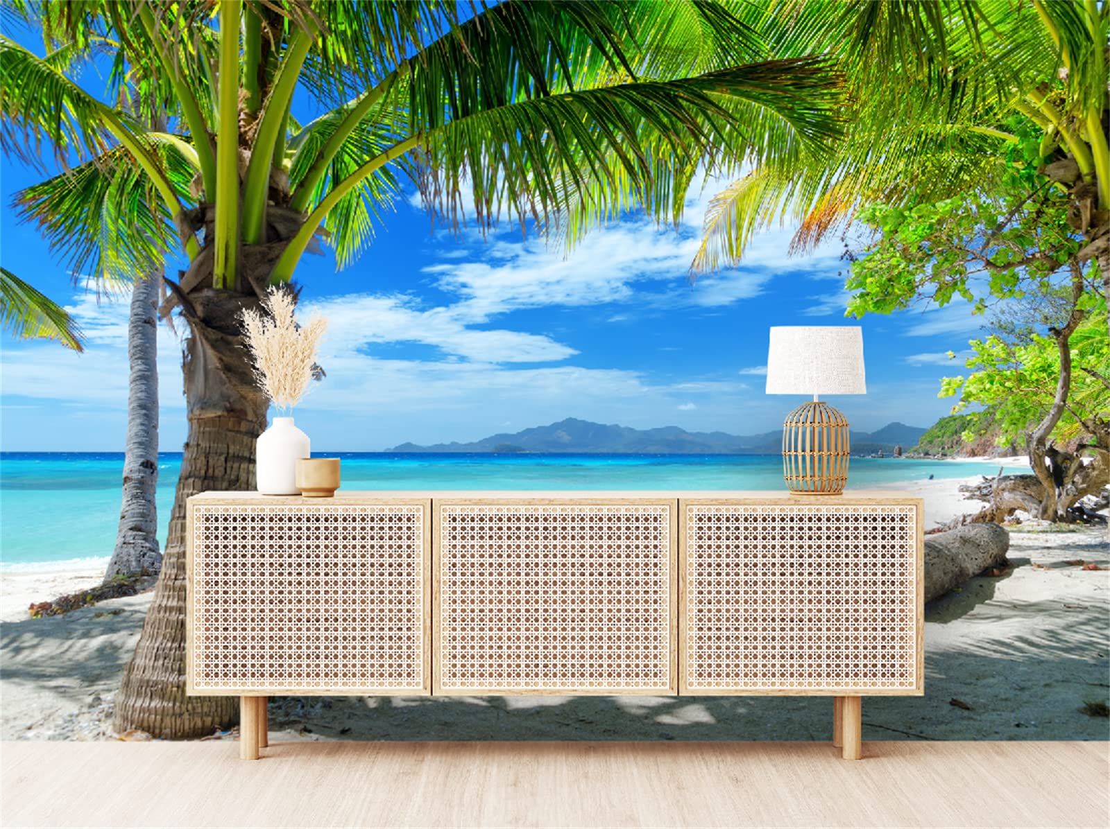 FLFK 3D Peel and Stick Wallpaper - Minimalist Green Tree on White Sand Beach Self-Adhesive Mural (141.7x98.4 inches) for Bedroom, Living Room, Nursery & Office Decor | Easy DIY Home Renovation & Accent Wall Design