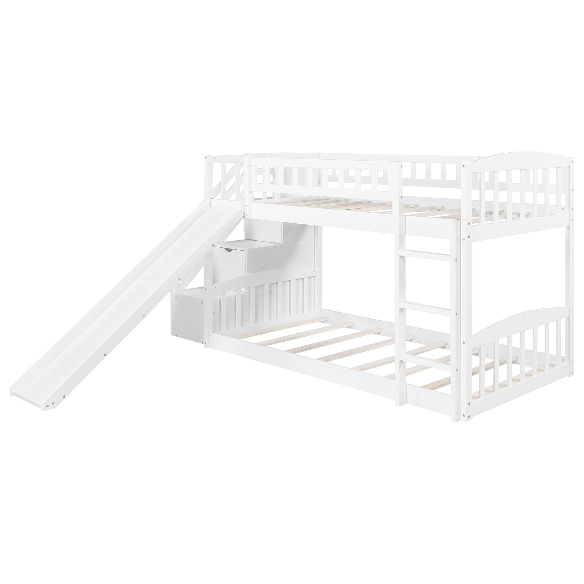 **Kids Wooden Low Bunk Bed with Slide & Stairs - Twin Over Twin Floor Bunk Bed with Storage Shelves & Handrail - White Bunk Bed for Small Rooms, Playrooms & Sleepovers (#8)**