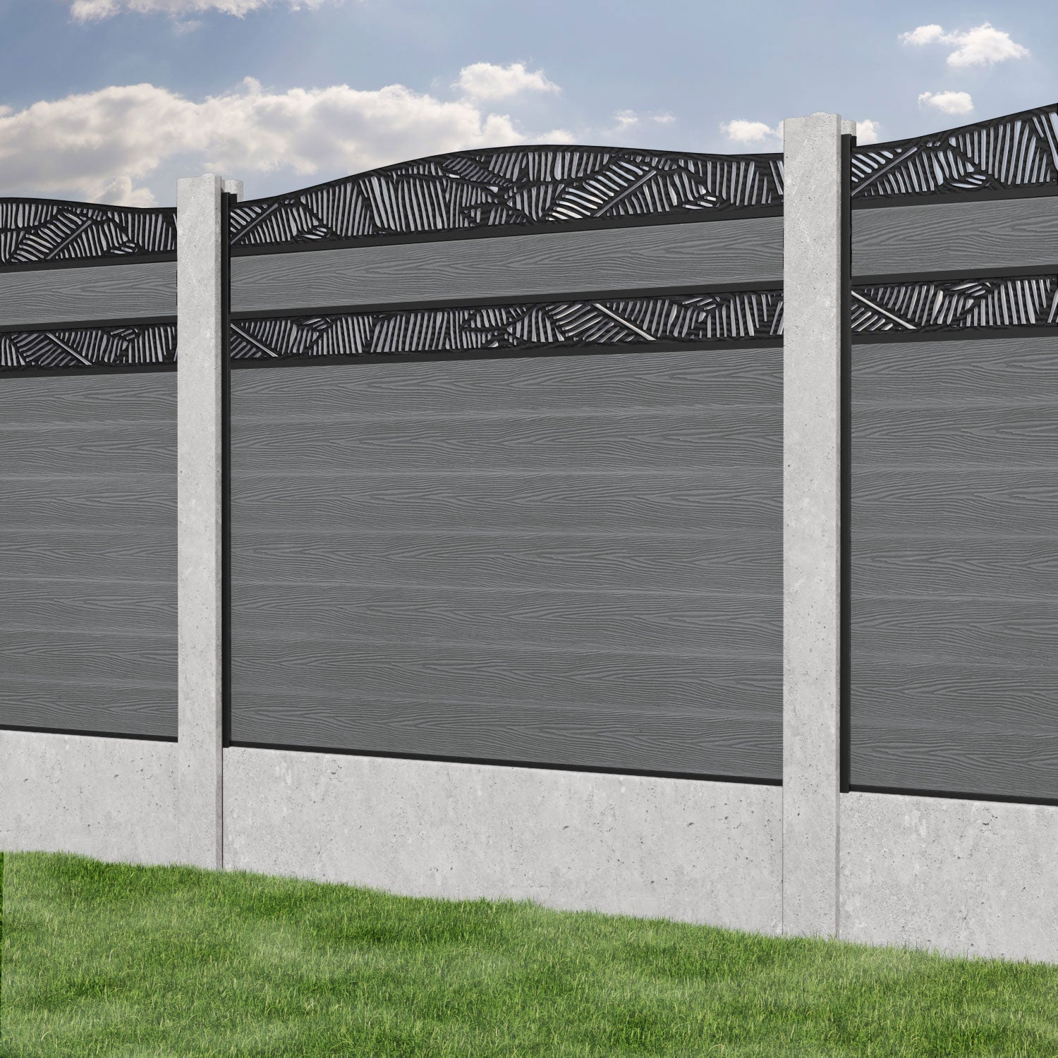 Classic Feather Curved Top Split Screen Fence Panel - Mid Grey Privacy Screen for Concrete Posts | Outdoor Garden Partition, Backyard Fencing, Patio Divider