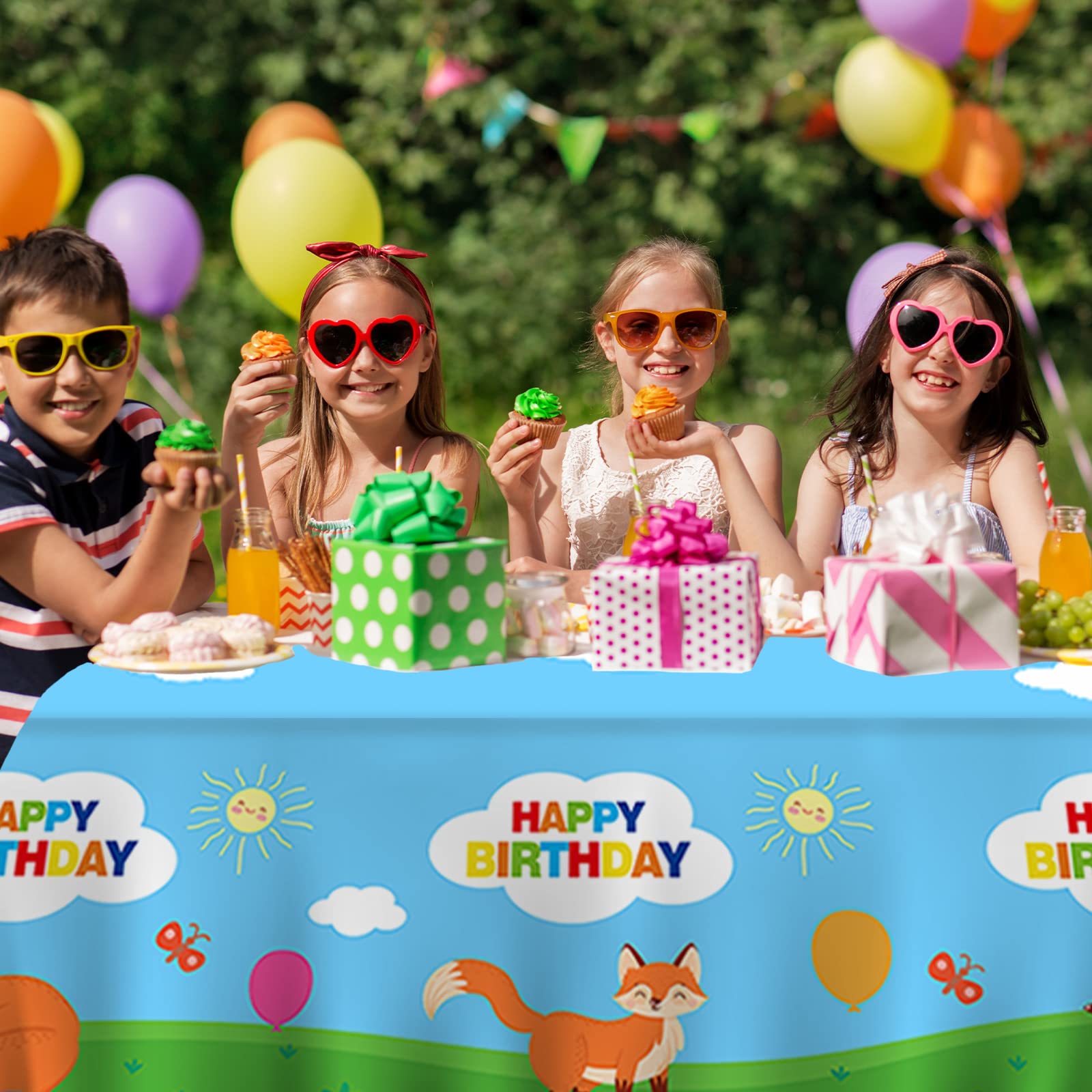 Happy Birthday Party Tablecloth - Fox Animal Theme Plastic Table Cover for Baby Shower, Boys & Girls Birthday Party, Picnic, Camping Decorations - Blue Party Supplies (60