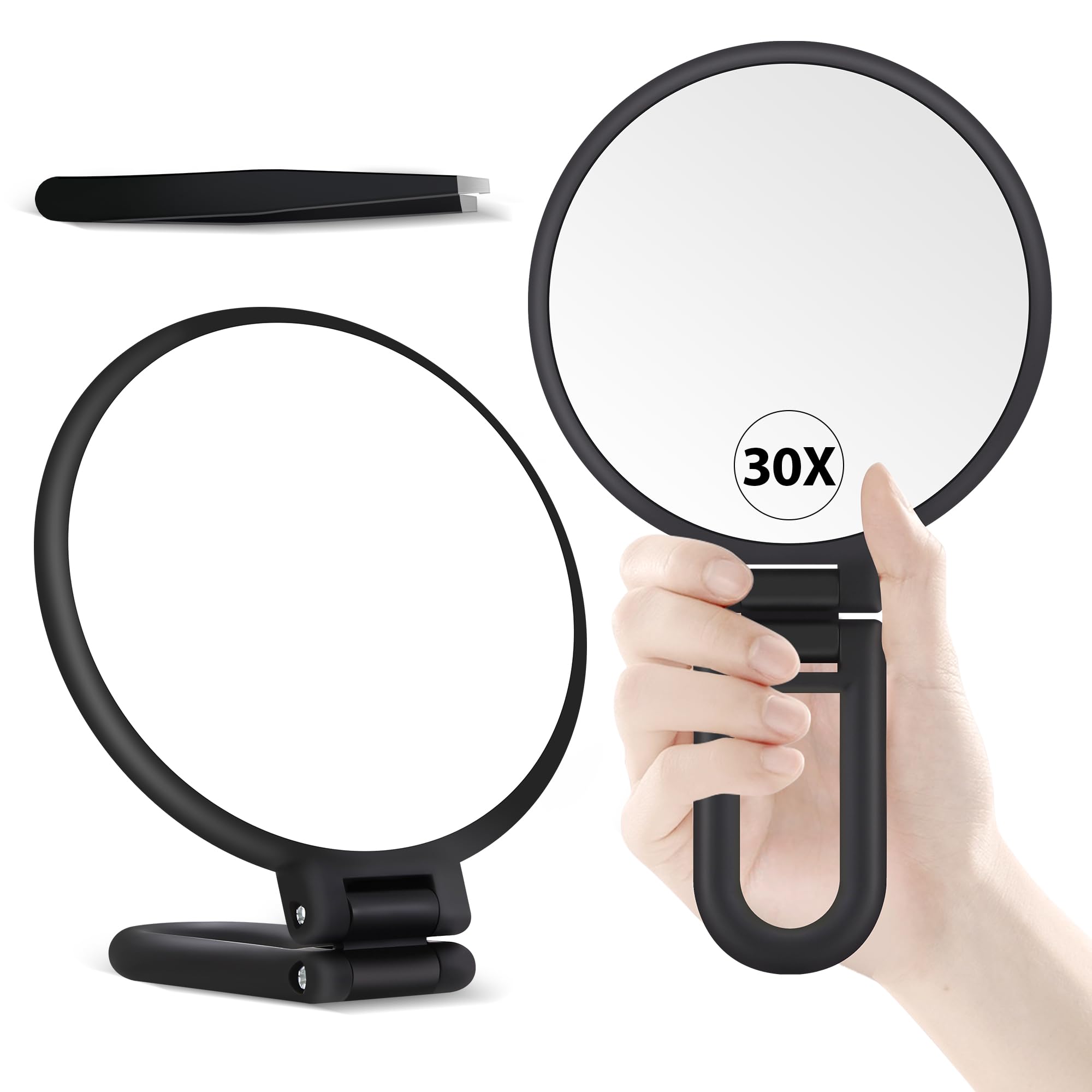 B Beauty Planet 30X Magnifying Mirror with Handle - Double Sided 30X/1X Magnification Portable Makeup Mirror - Travel Essential for Precision Makeup, Eyebrow Tweezing & Skincare - Foldable Design in Black