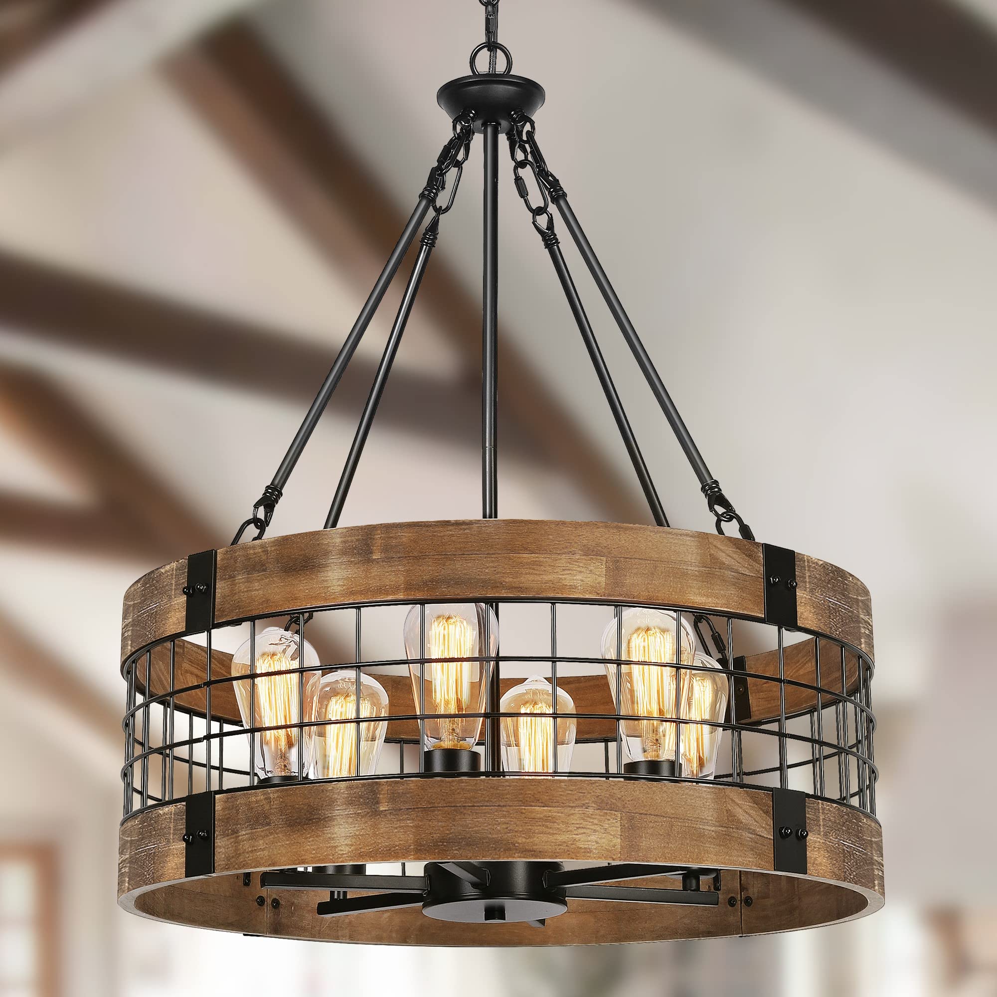 6-Light Farmhouse Wood Chandelier - Rustic Dining Room Pendant Light with Industrial Black Metal Finish | Perfect for Kitchen Island, Entryway, Foyer & Living Room Lighting Decor