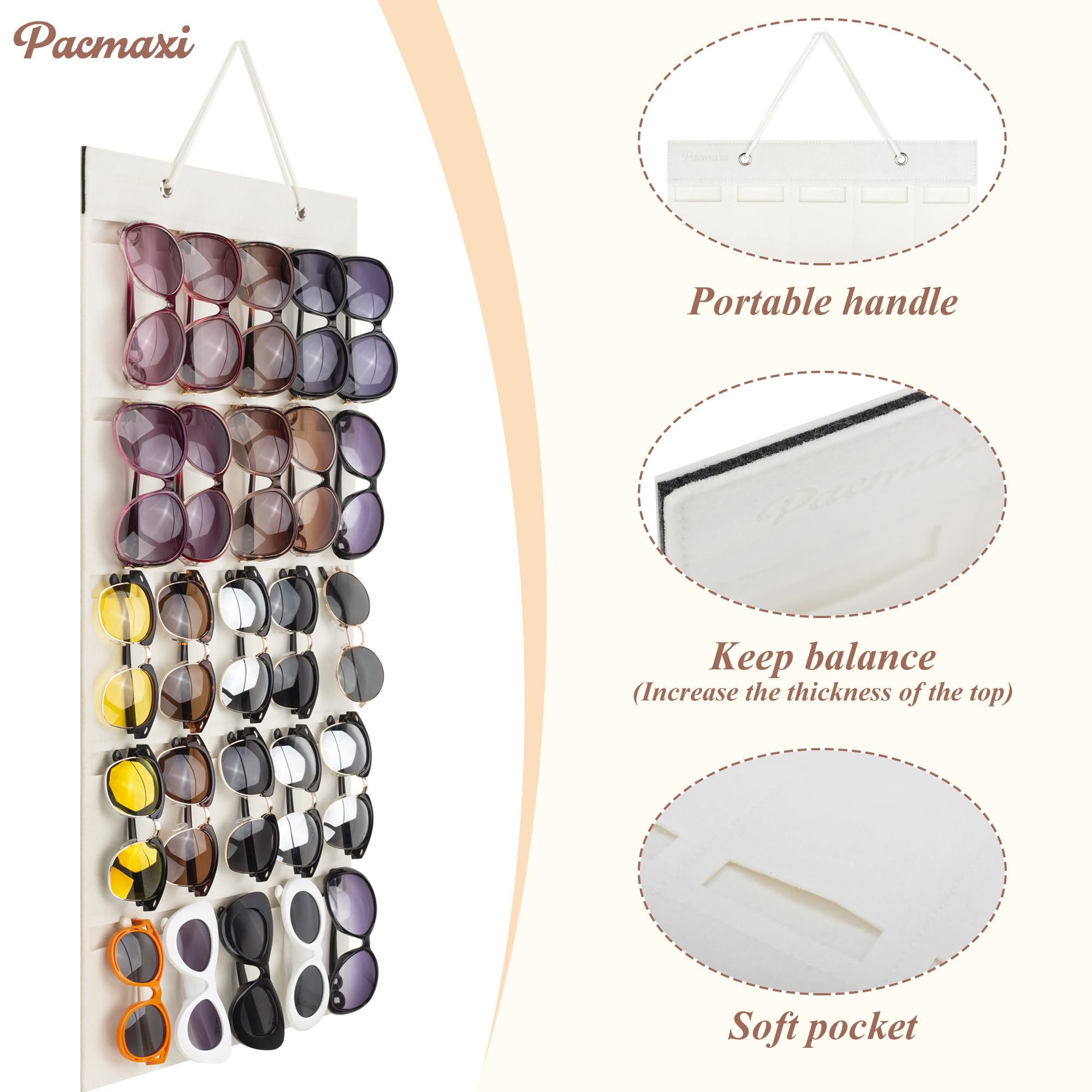 PACMAXI 25-Slot Sunglasses Storage Organizer - Wall Mounted Eyeglass Holder for Glasses & Sunglasses Display (Ivory White) | Perfect for Bedroom, Bathroom, Closet & Retail Store Organization