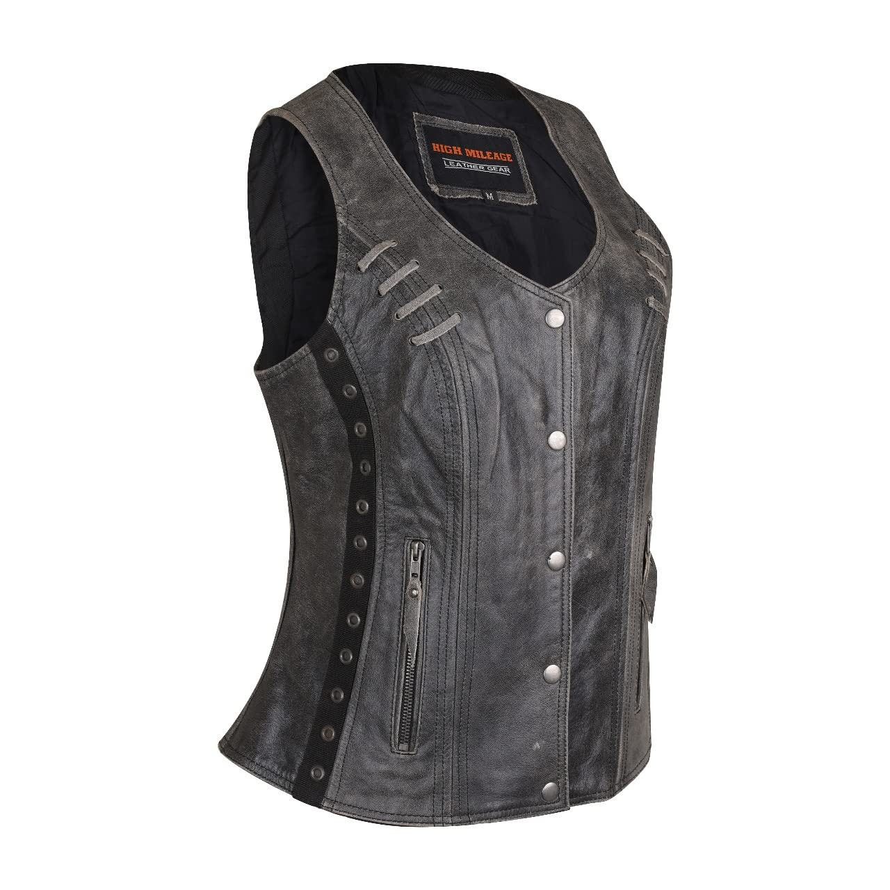 Women's Lightweight Distressed Gray Leather Vest with Grommet Details, Twill & Lace Accents - Stylish Layering Piece for Fall Fashion, Biker Outfits & Casual Wear