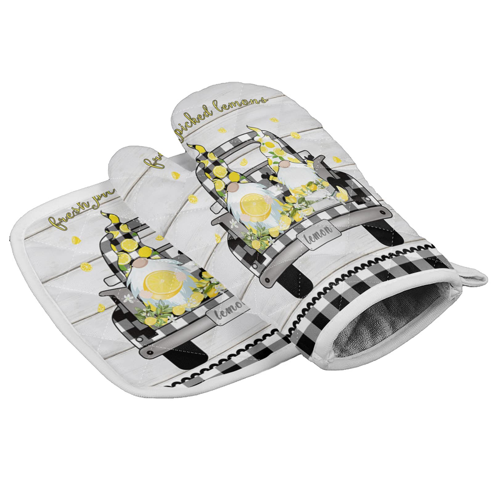 Heat Resistant Oven Mitts & Pot Holders Set - 2 Pcs Quilted Cotton Lined Kitchen Gloves for Baking, Cooking, Grilling - Lemon Truck Black White Plaid Design - Perfect for Summer BBQ, Holiday Baking & Everyday Kitchen Use