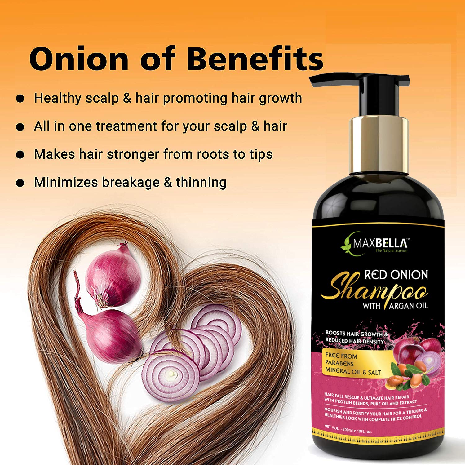 MAXBELLA® Onion Shampoo for Hair Growth & Hair Fall Control - Paraben-Free Daily Care Shampoo for Men & Women (300ml) - Promotes Thicker, Healthier Hair for Daily Use & Scalp Care