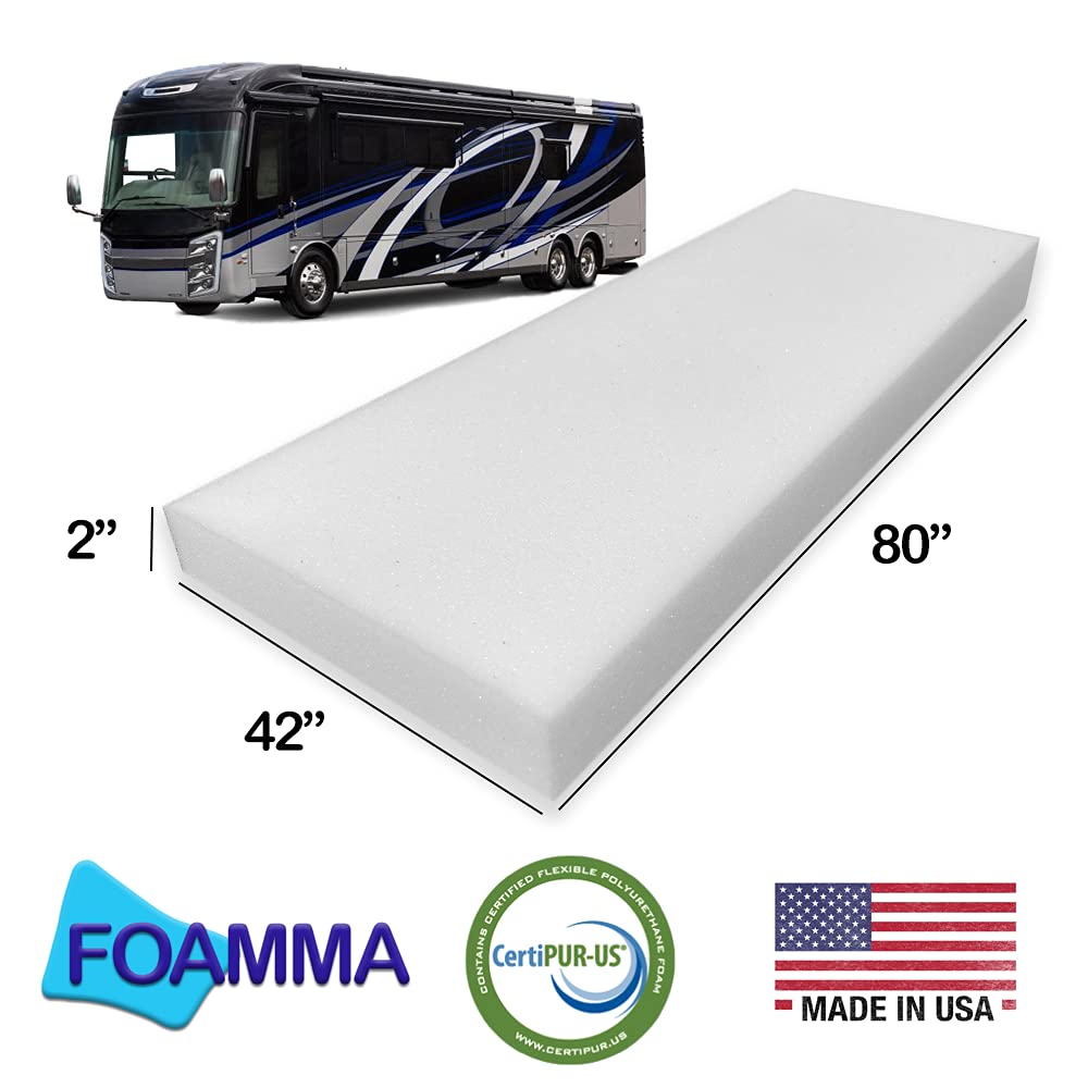 Foamma 2” x 42” x 80” High-Density RV Mattress Topper - CertiPUR-US Certified Foam for Campers & Travel Trailers | Made in USA | Comfortable Bunk Bed Padding | Perfect for Road Trips & Outdoor Adventures