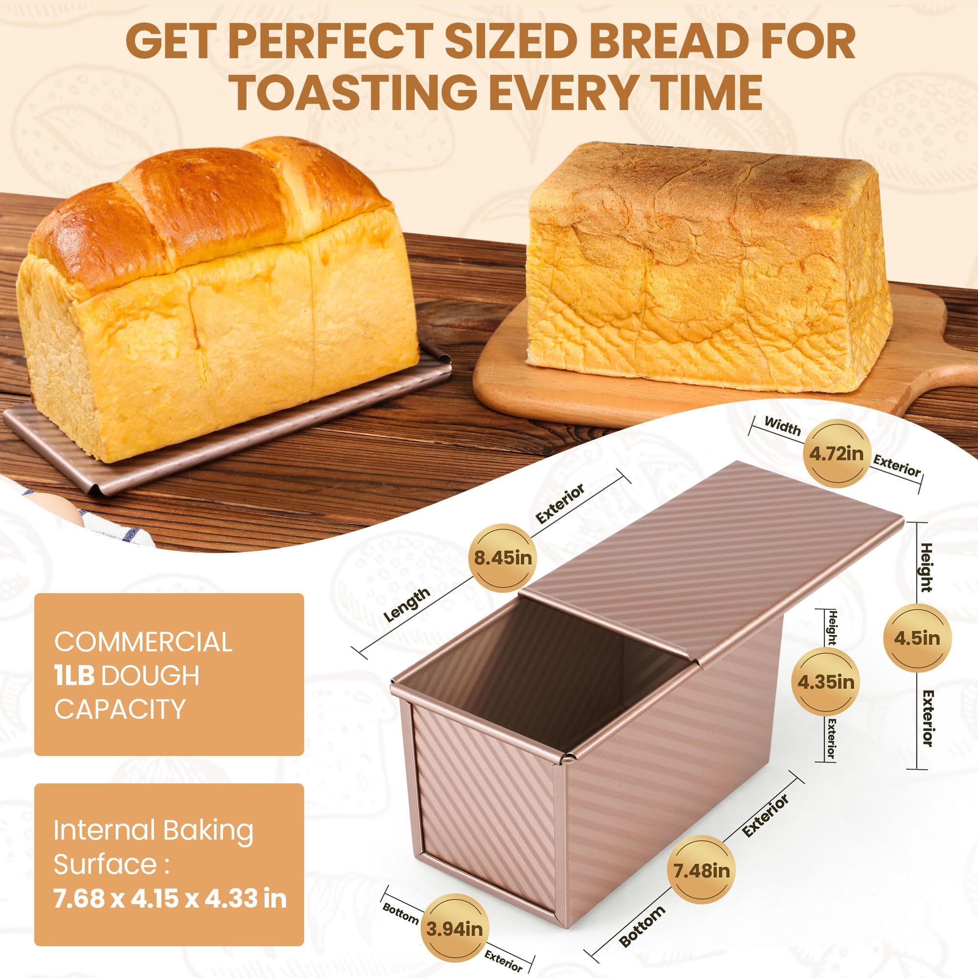 Premium Pullman Loaf Pan with Lid - 1 lb Nonstick Bread Baking Pan for Homemade Sandwich Bread | Heavy Duty Carbon Steel Bakeware with Corrugated Design | Perfect for Artisan Bread, Sourdough & Sandwich Loaves