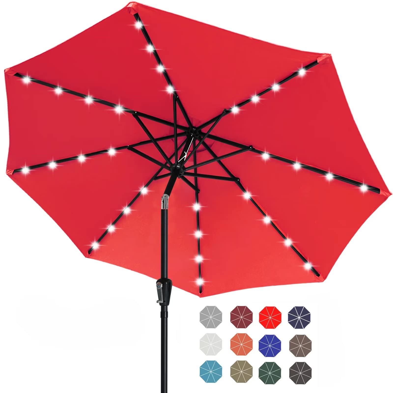 Durable 11FT Solar LED Patio Umbrella with 32 LED Lights - Red | Waterproof Outdoor Canopy for Garden, Poolside & Backyard Relaxation