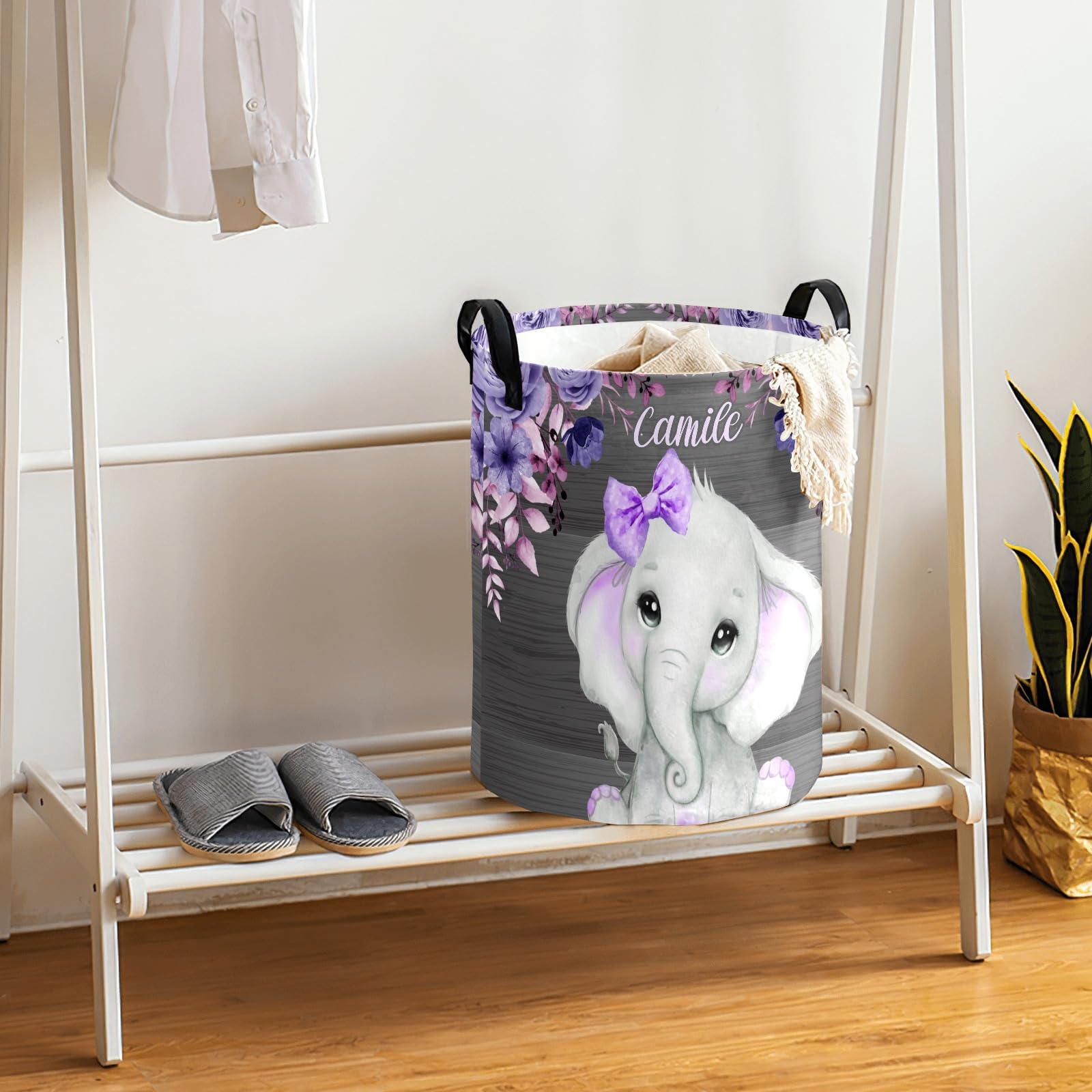 Personalized Purple Cute Elephant Laundry Basket - Waterproof Foldable Clothes Hamper with Handle for Kids Room, Nursery & Toy Storage | Perfect for Baby Clothes, Toys & Home Organization