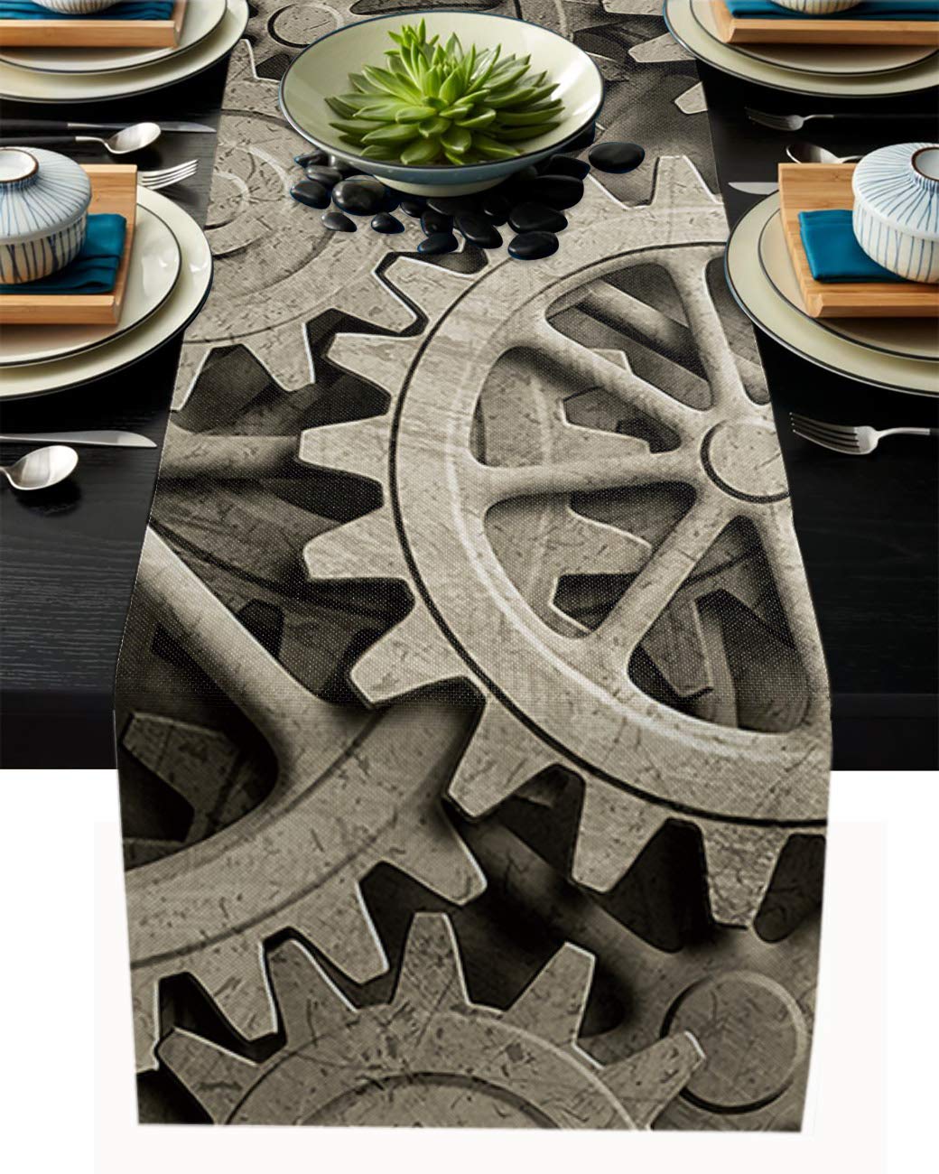 13x70 Inch Cotton Linen Table Runner - Rectangular Dining Table Cover with Mechanical Gear Design for Kitchen, Dresser & Home Decor | Perfect for Dinner Parties, Weddings & Farmhouse Style Decor