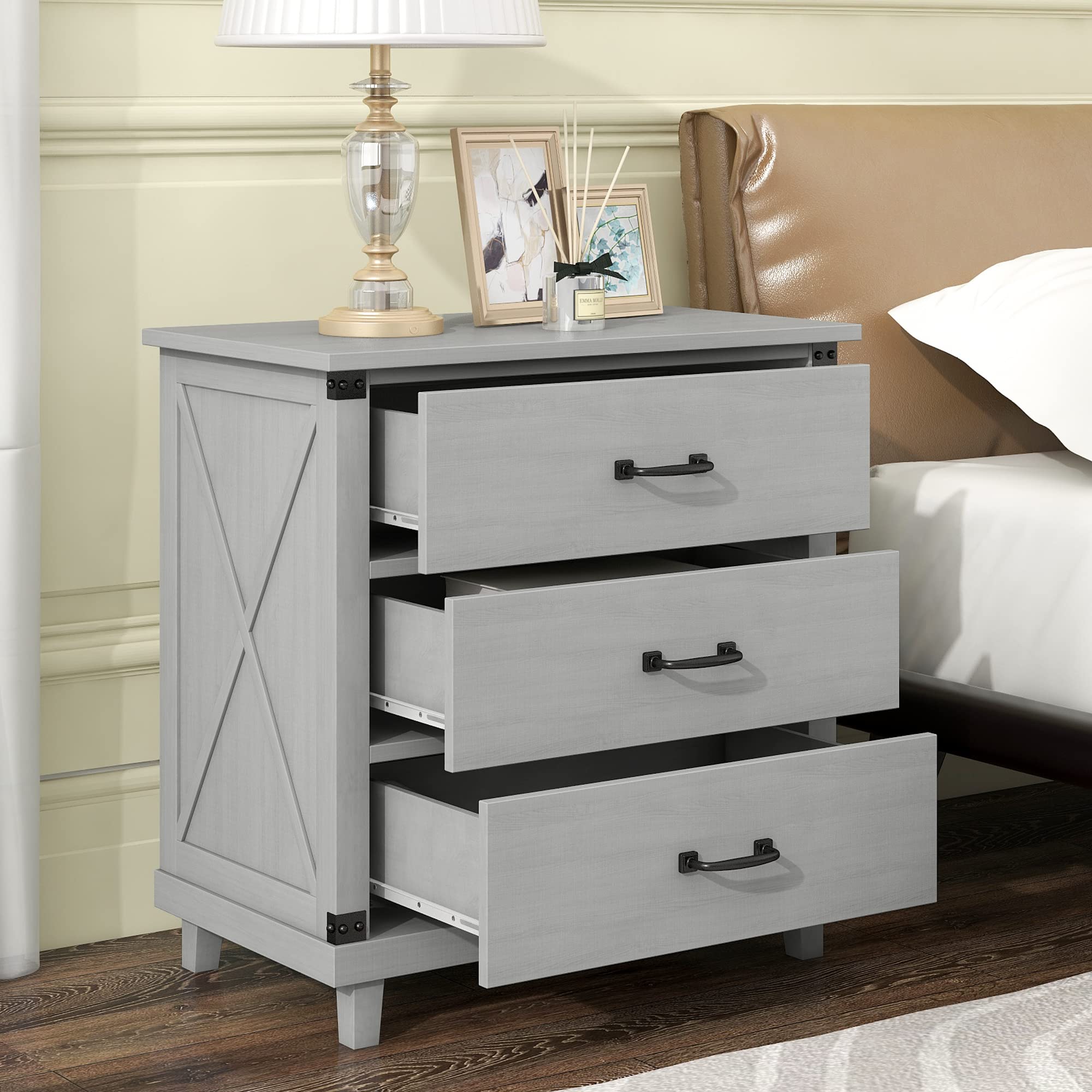 Modern Grey 3-Drawer Nightstand with Solid Pine Wood Legs - Bedside Dresser Storage Chest for Bedroom, Living Room, Closet & Entryway - Easy Assembly - Perfect for Small Spaces & Apartment Living