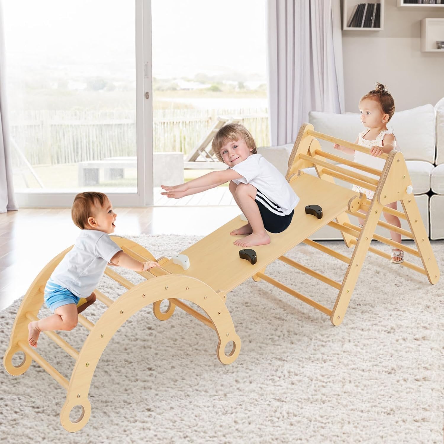 Asweets 5-in-1 Foldable Pikler Triangle Set with Ramp & Arch Climber - Montessori Climbing Toy for Toddlers, Indoor Jungle Gym for Kids - Perfect for Playrooms, Daycares & Home Play Areas