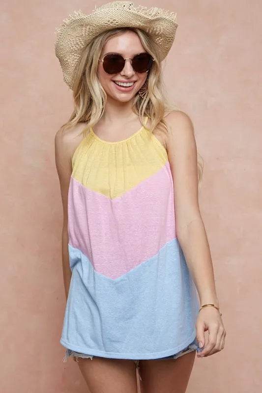 BiBi Triblend Knit Color Block Halter Neck Top - Women's Fashion Casual T-Shirt for Summer, Beach & Party Outfits
