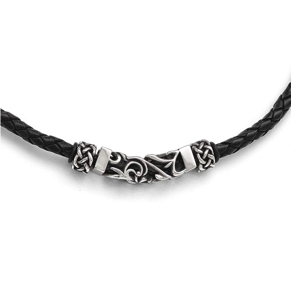 Polished Black Leather Stainless Steel Beaded Necklace - 19.75 Inch, 10mm Wide Women's Jewelry Gift for Everyday Wear & Special Occasions