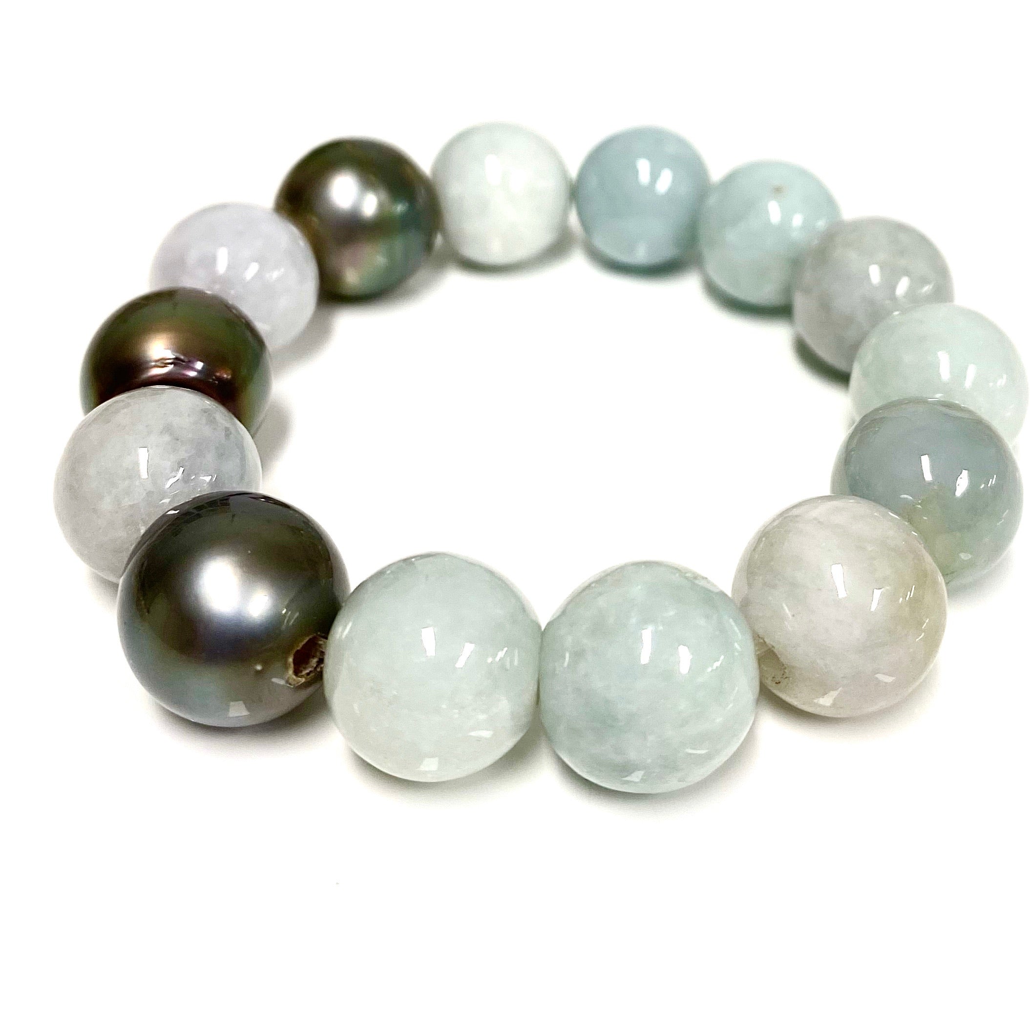 Elegant Jade & Tahitian Pearl Stretch Bracelet for Women | Handmade Beaded Jewelry | Perfect for Weddings, Parties & Gifts