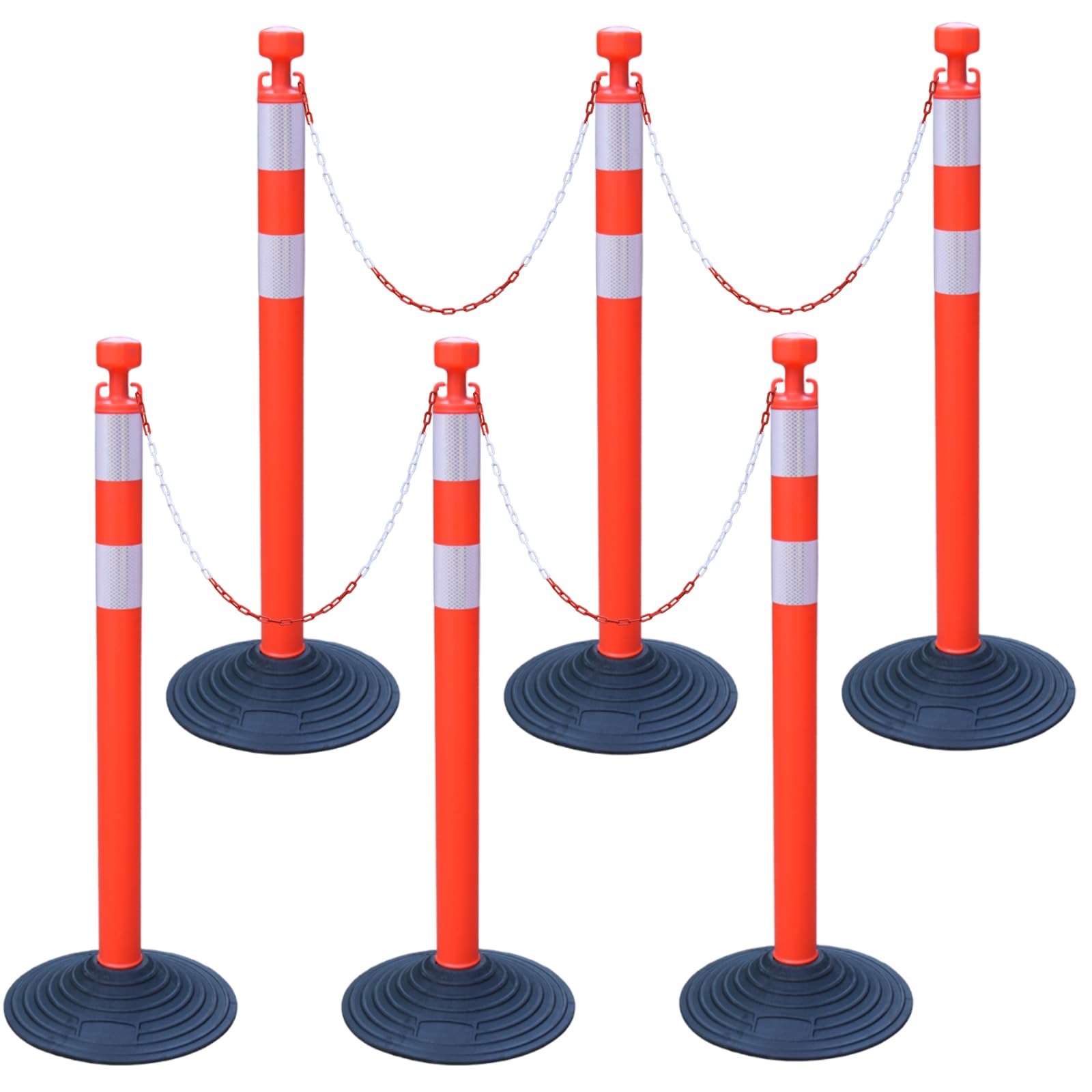 6 Pack 39 Inch Red Traffic Delineator Posts with 2 White Reflective Collars - Safety Cones with 6.6 Feet Chains & 14 Inch Rubber Base for Road Safety, Parking Lots, Construction Zones & Driveway Marking (Red)