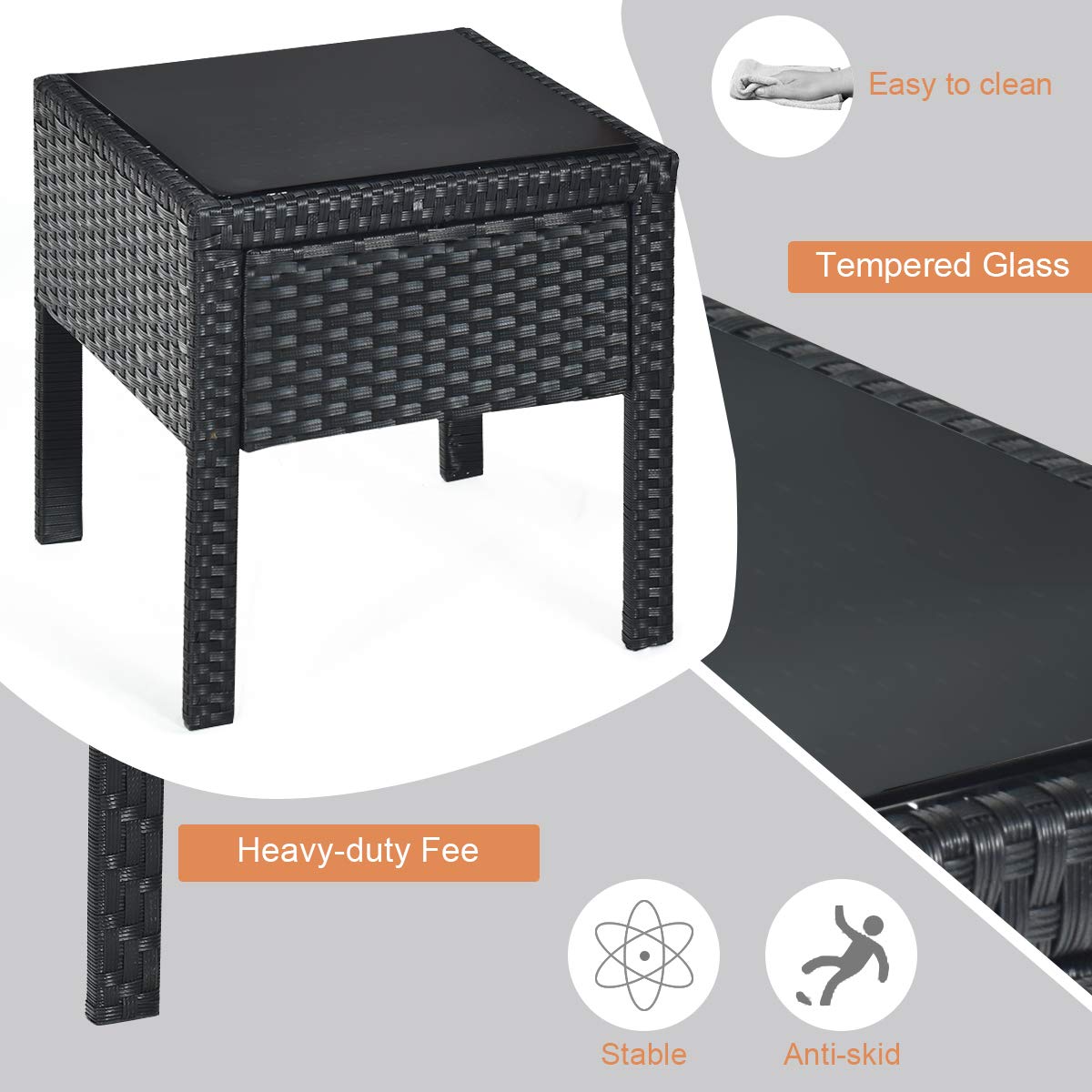 3-Piece Outdoor Patio Furniture Set - Modern Wicker Rattan Bistro Table & Chairs with Cushions & Coffee Table - Black Garden Conversation Set for Balcony, Backyard, Poolside & Patio Decor